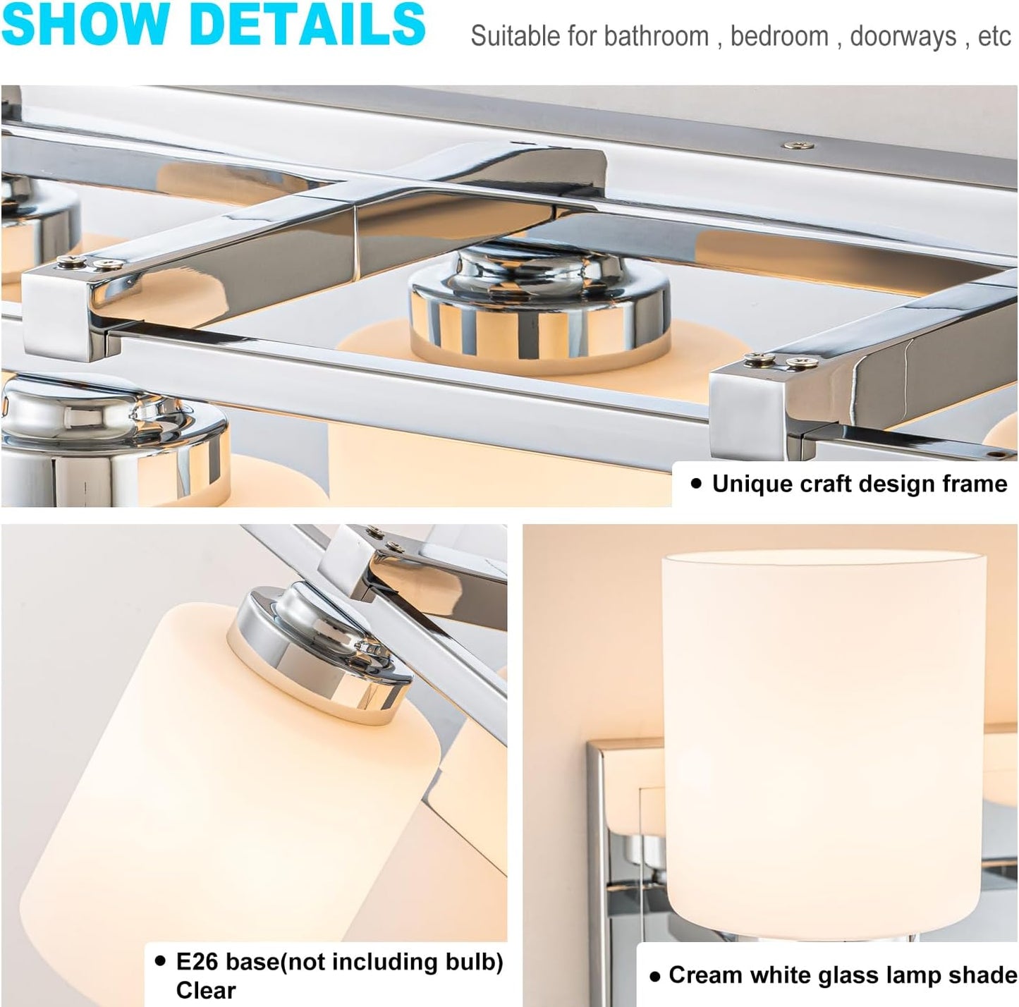 3 Light Modern Bathroom Light Fixtures Over Mirror, Chrome Vanity Lights for Bathroom Wall Sconces with Milky White Glass Shades, E26 Socket (Bulbs Not Included)