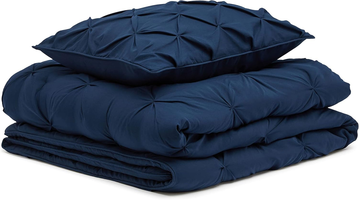 Amazon Basics All-Season Down-Alternative Comforter 2-Piece Bedding Set, Twin/TwinXL, Navy Blue, Pinch Pleat With Piped Edges