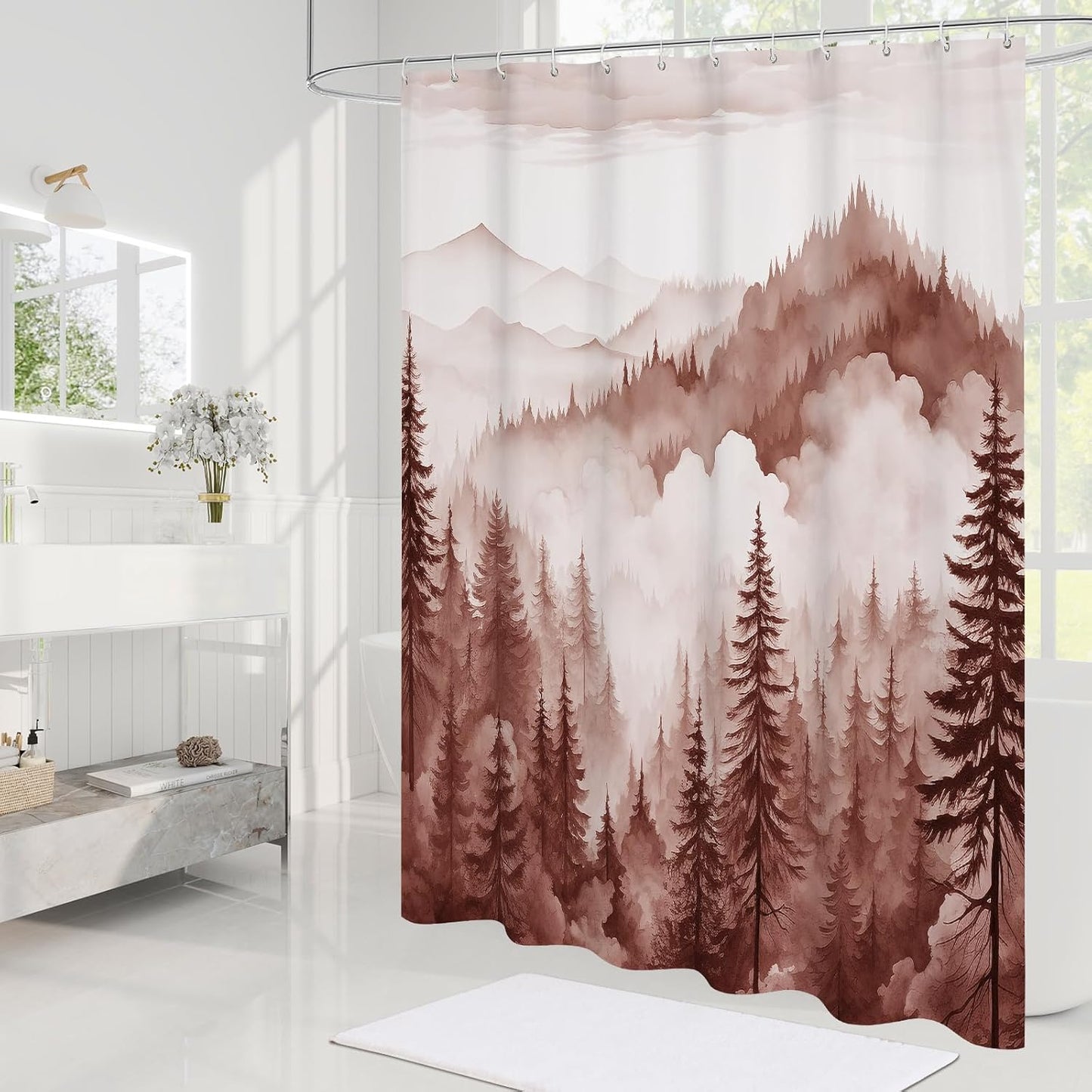 Burgundy Small Stall Misty Pine Forest Shower Curtain 36 x 72, Mountain Foggy Woodland Scenery Tree Narrow Half Size Shower Curtains for Bathroom, Abstract Waterproof Nature-Themed Decor
