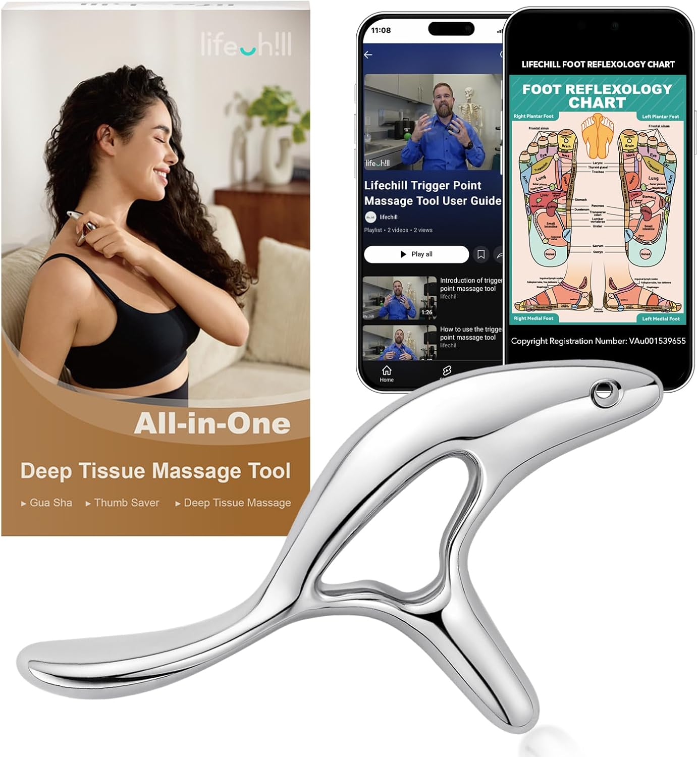 lifechill Trigger Point Massage Tool for Deep Tissue Massage & Gua Sha, Muscle Scraper Tool for Full Body Pain Relief, Thumb Saver Acupressure Tool, FSA HSA Eligible