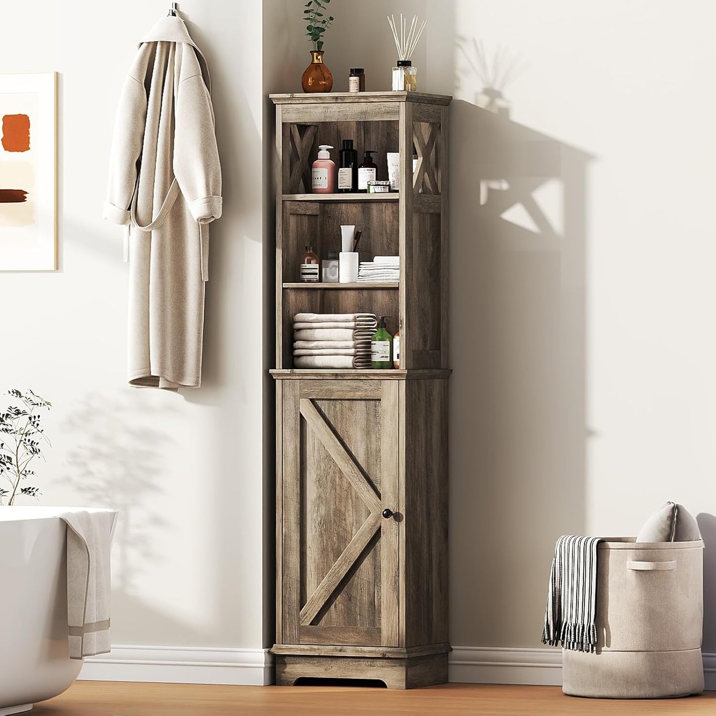 Tall Bathroom Storage Cabinet with Door and Open Adjustable Shelves, 60.9" H Wooden Tower Corner Narrow Farmhouse Cabinet, Freestanding Organizer for Kitchen, Entryway Grey