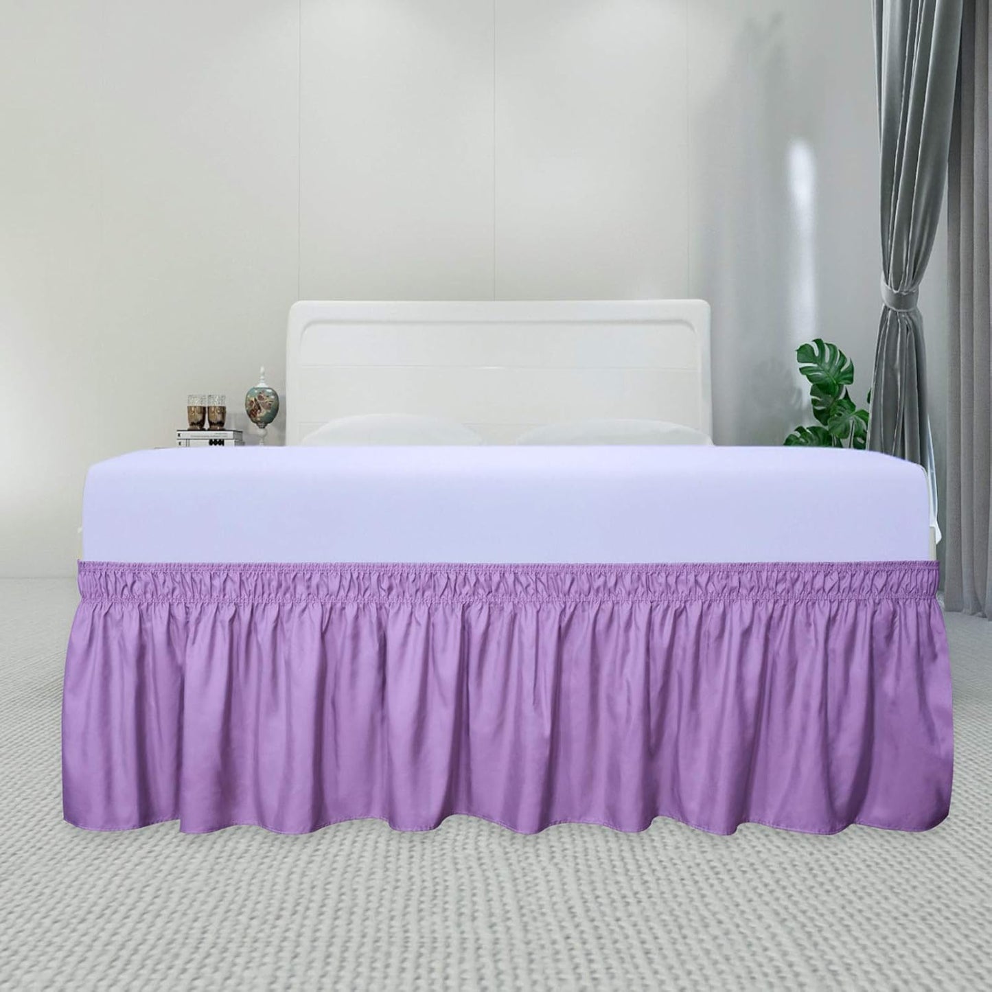 PureFit Wrap Around Ruffled Bed Skirt with Adjustable Elastic Belt - 14 Inch Drop Easy to Put On, Wrinkle Free Bedskirt Dust Ruffles, Bed Frame Cover for Twin, Twin XL and Full Size Beds, Lavender