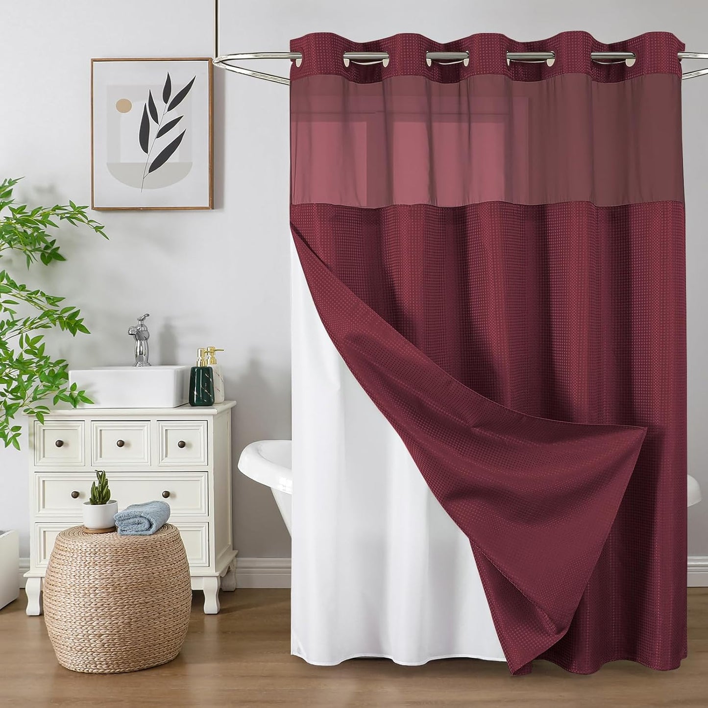 Colorful Star No Hook Shower Curtain with Snap in Fabric Liner, Waffle Weave Heavy Duty Thick Shower Curtains with Mesh Top Window, Hotel Style Waterproof Bathroom Curtain Set, 72 x 87 Inch, Burgundy