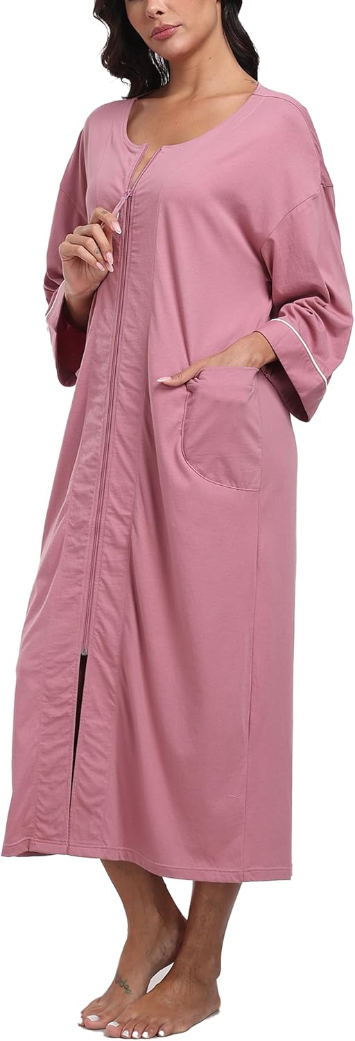 ANLIQI Women's 100% Cotton Robes Long Zipper Front House coats 3/4 Sleeve Bathrobes Lightweight Full Length Robe with Pockets