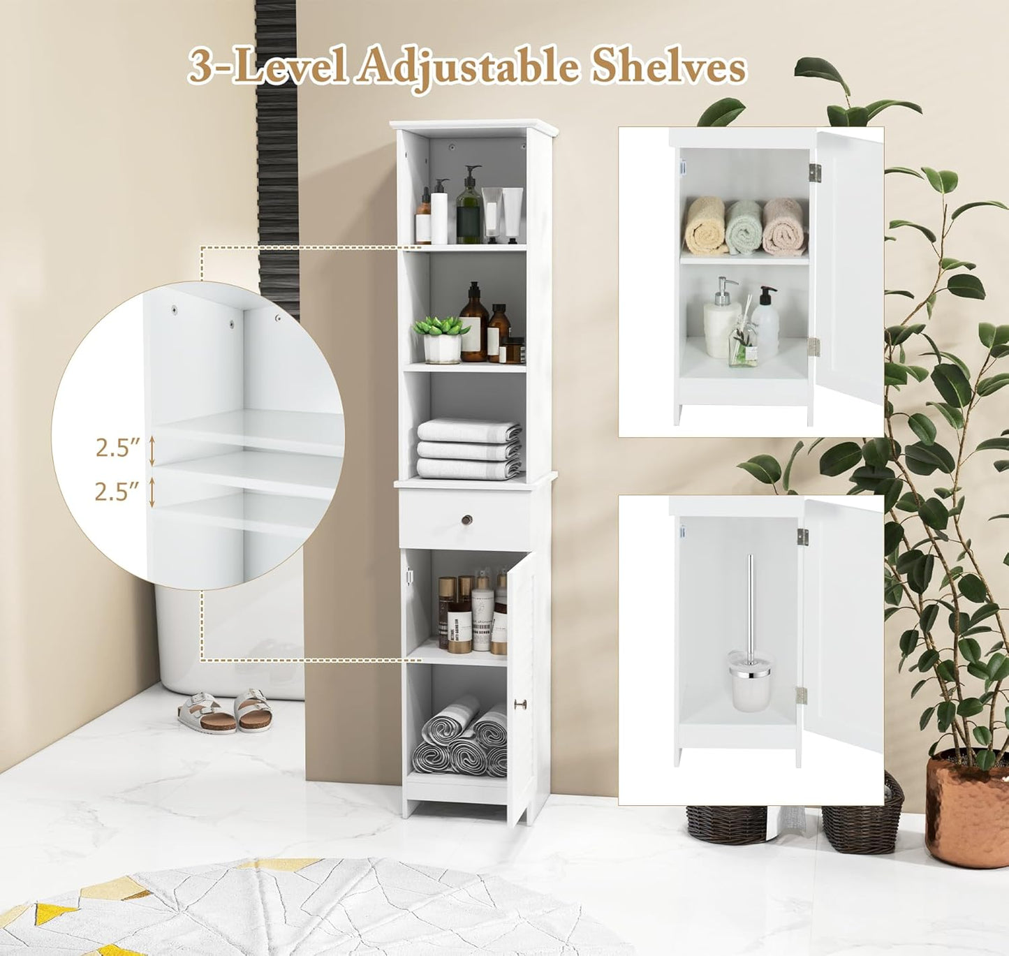 Giantex 64.5” Tall Bathroom Cabinet, Narrow Floor Storage Cabinet with Adjustable Shelves, 1 Door & 1 Drawer, Anti-Toppling Design, Modern Storage Organizer for Bathroom, Living Room, Hallway