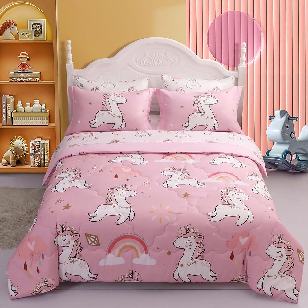 Wajade Kids Pink Unicorn Comforter Set Bed in A Bag Full Size 7 Piece Cute Unicorn Rainbow Clouds Bedding Set for Girls (1 Comforter, 1 Flat Sheet, 1 Fitted Sheet, 2 Pillowcase and 2 Pillow Sham)