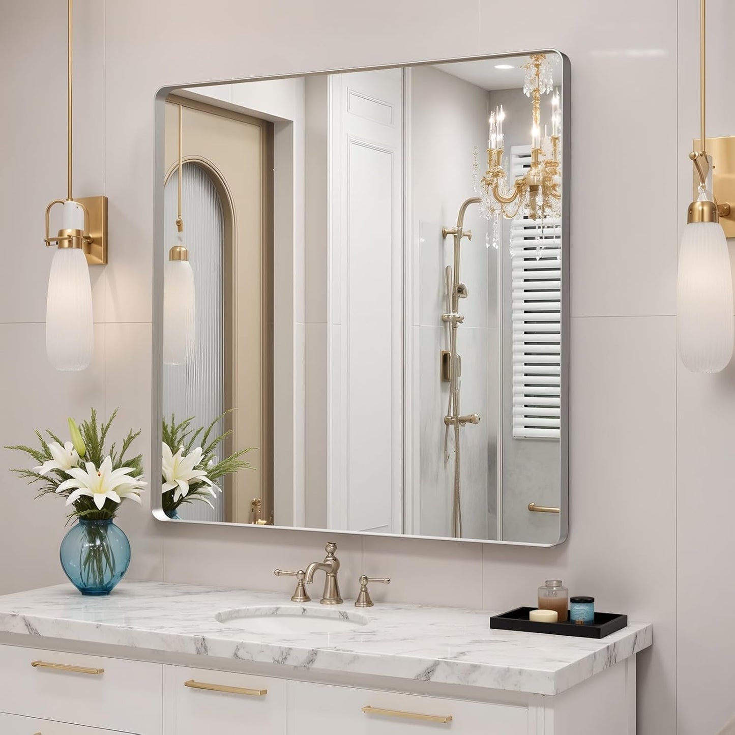 36x36"Bathroom Vanity Mirror for Wall, Aluminum Framed, Farmhouse Rectangle, Anti-Rust, HD Reflection Anti-Desilvering, Distortion Free, Tempered and Shatter-Proof Wall Mounted Mirror, Silver