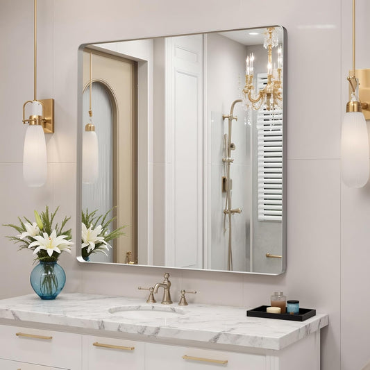 36x36"Bathroom Vanity Mirror for Wall, Aluminum Framed, Farmhouse Rectangle, Anti-Rust, HD Reflection Anti-Desilvering, Distortion Free, Tempered and Shatter-Proof Wall Mounted Mirror, Silver