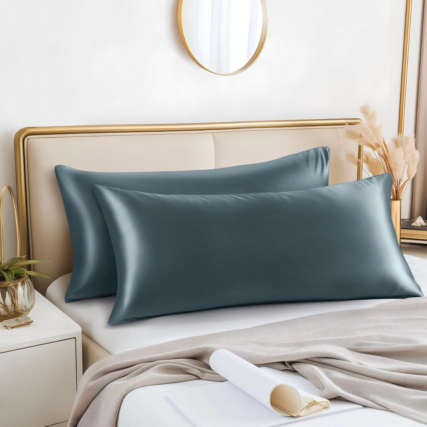 BEDELITE Satin Body Pillow Cover 2 Pack, Super Soft and Cooling Body Pillow Pillowcase for Hair and Skin, Breathable Silky Full Long Pillowcase Cover(20"x54", Space Grey)