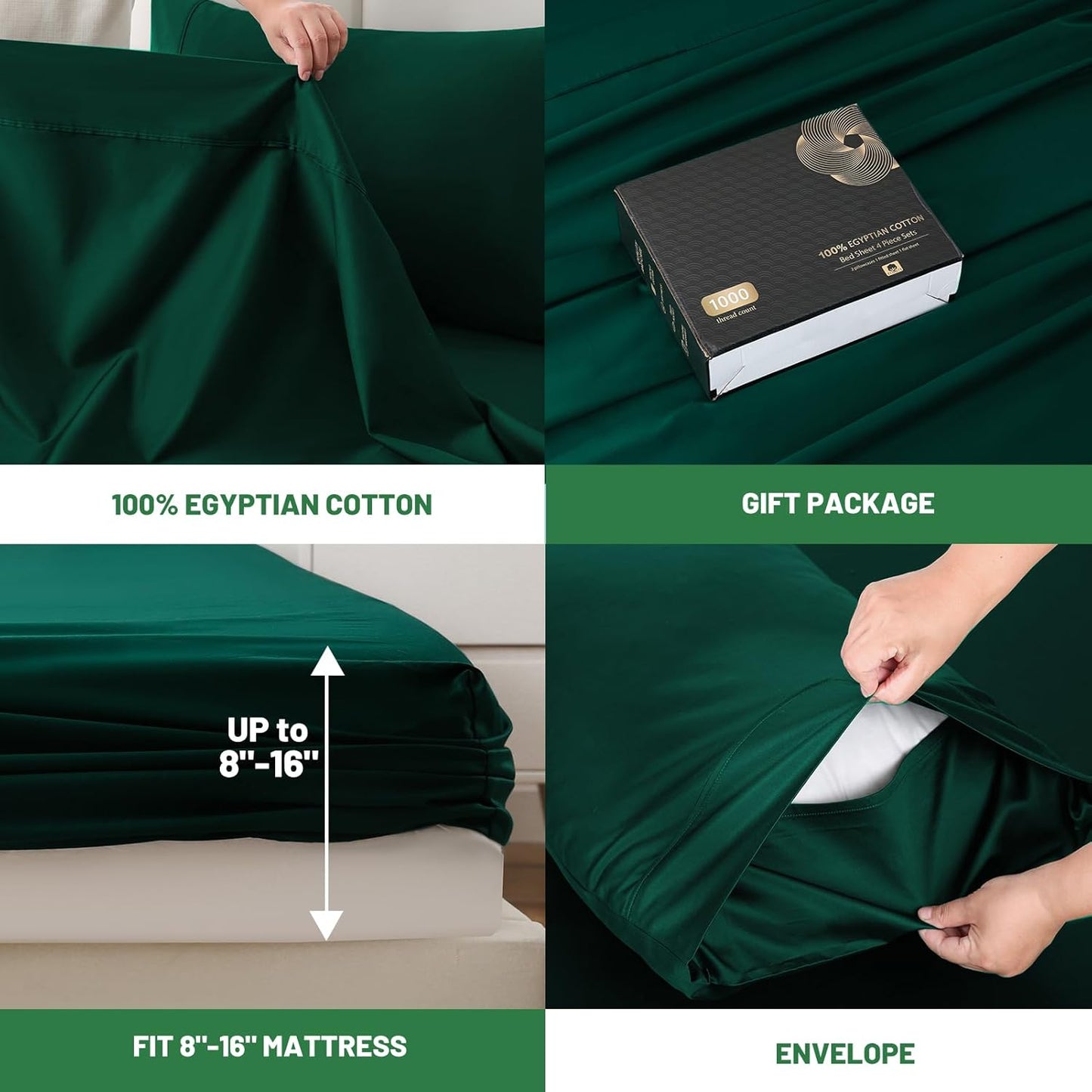 100% Egyptian Cotton Sheets King Size 1000 Thread Count Sateen Weave Soft Breathable 16-Inch Deep Pocket 4PCS（King,Dark Green）