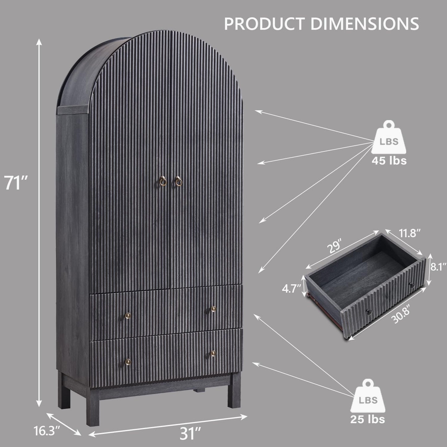 71" Tall Arched Bathroom Storage Cabinet, Modern Fluted Cabinet Storage with 4 Shlves and 2 Drawers, Floor Cabinet for Bathroom, Living Room, Kitchen, Dark Gray