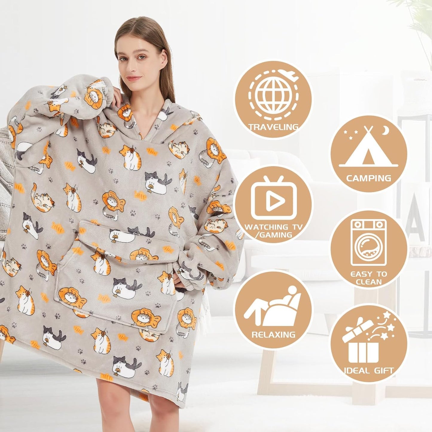 Wearable Blanket Hoodie for Adult,Oversized Sherpa Fleece Blanket Hoodie for Women Men,Cat