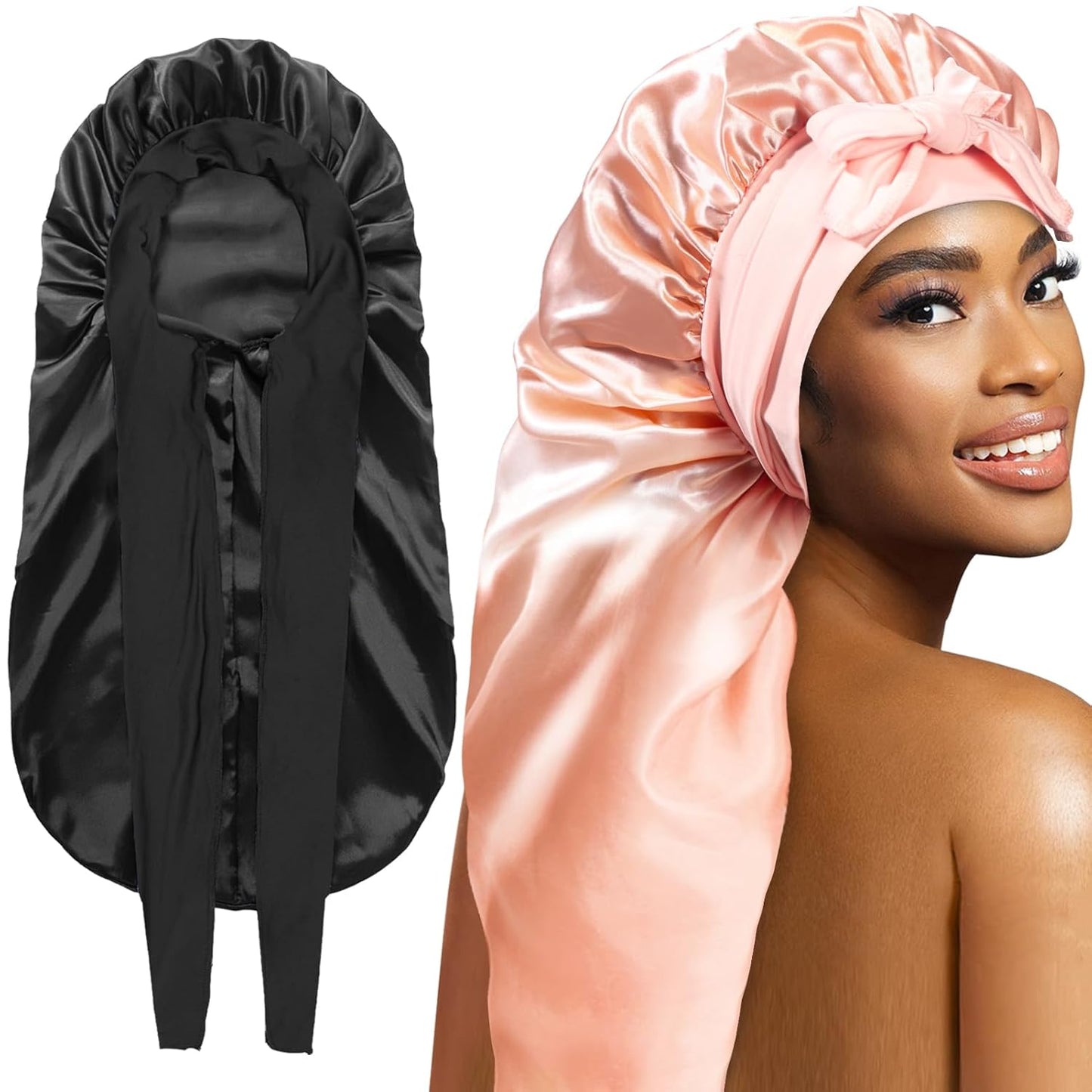 2Pcs Bonnets for Black Women Braid Bonnet, Large Long Satin Bonnet for Braids, Silk Bonnet with Stretchy Tie Band Sleep Cap Hair (Black&Champagne Gold)