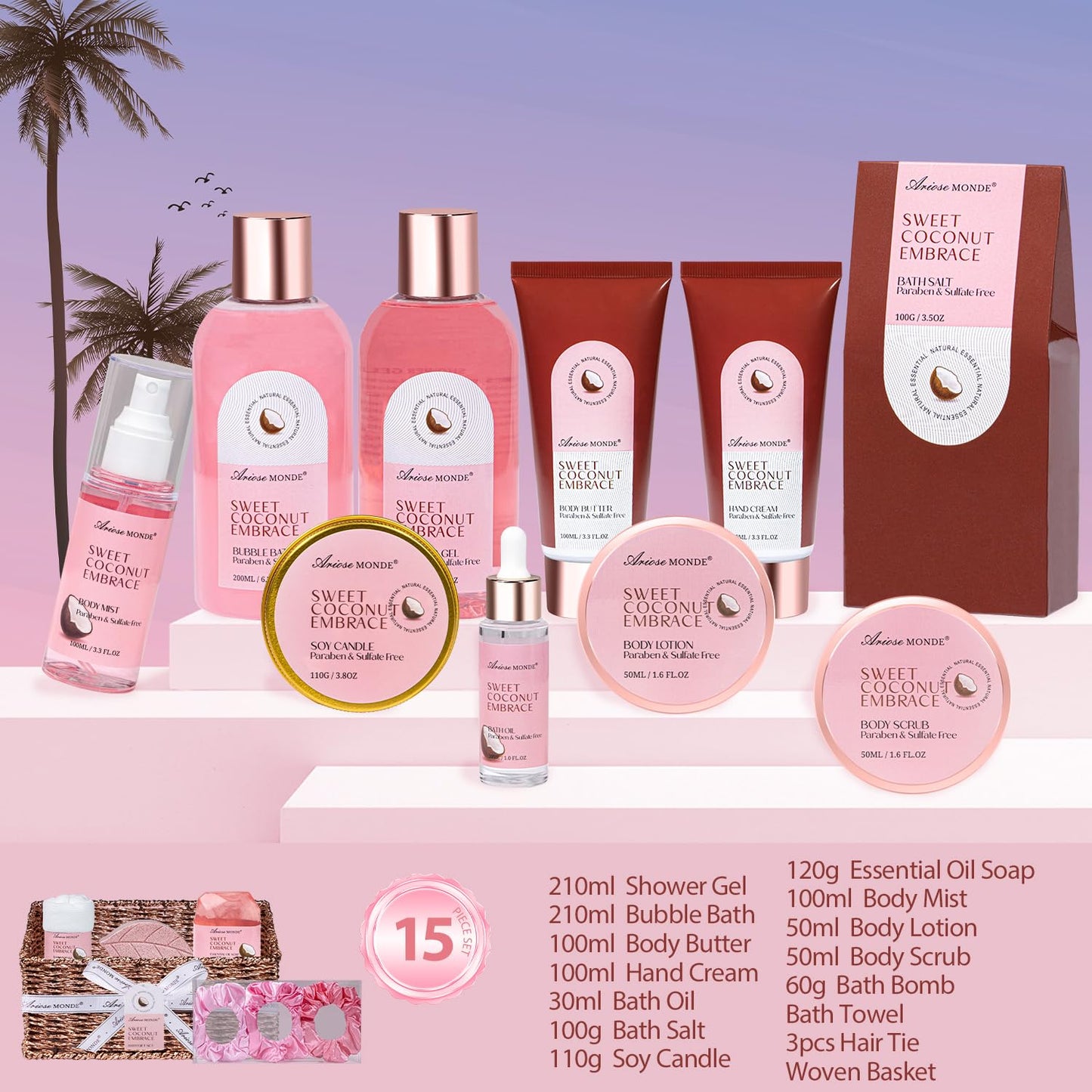 Gift Baskets for Women, Spa Gifts for Women - 17pcs Coconut Spa Gift Set with Body Lotion, Bubble Bath, Relaxing Bath Set, Birthday Christmas Gifts for Her