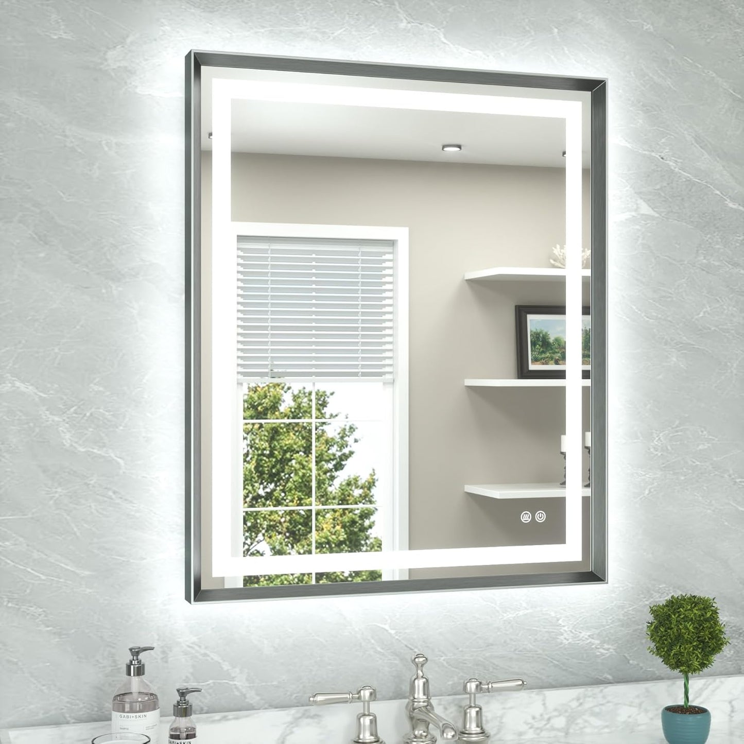 TETOTE 30 x 36 Bathroom LED Mirror Brushed Gunmetal Gray Frame Frontlit & Backlit Vanity Mirror Anti-Fog Stepless Dimmable 3 Colors White/Warm/Natural Wall-Mounted