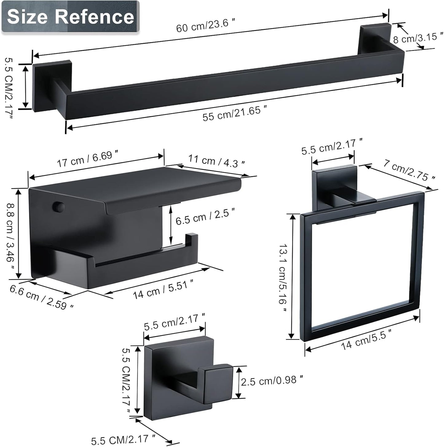 Bathroom Towel Bar Holder Sets Matte Black 4-Piece Bathroom Hardware Set Stainless Steel Bath Accessories Kit. Wall Mounted,23.6 Inch