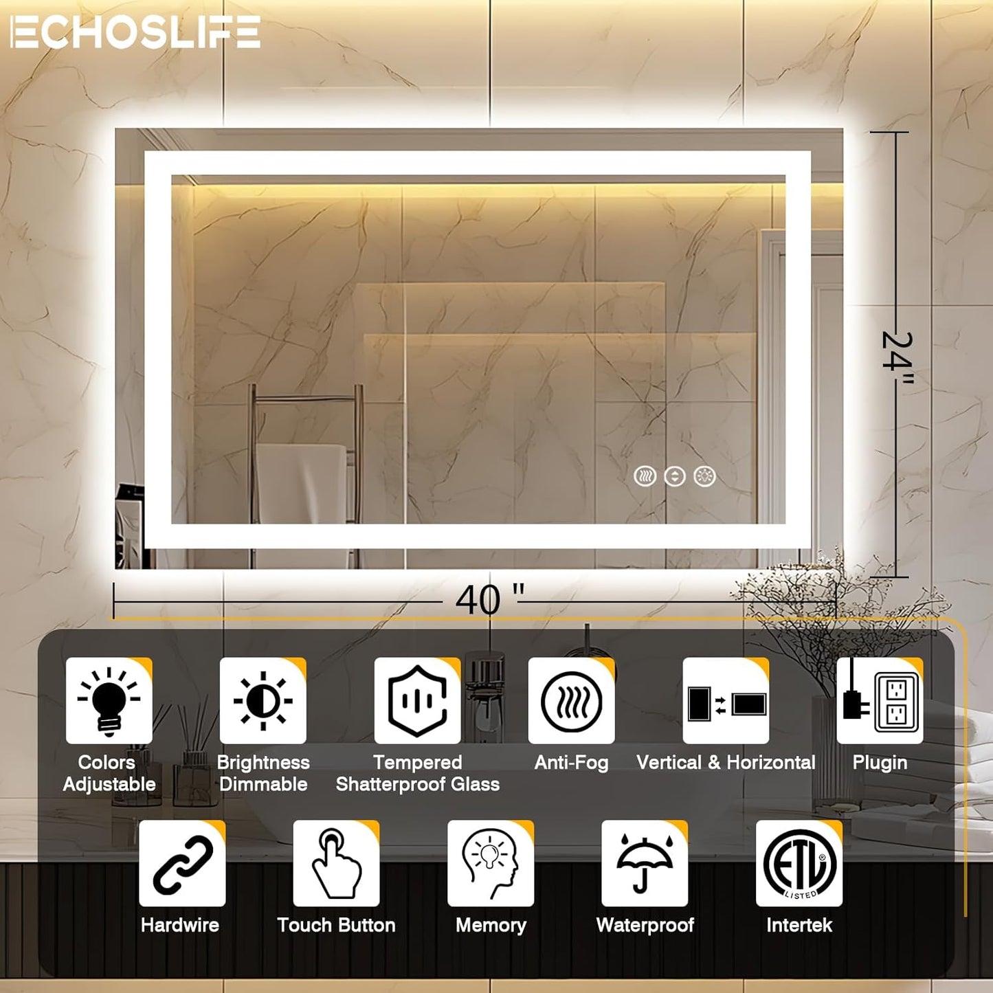 40"x24" LED Bathroom Mirror, Front and Backlit, Anti-Fog Bathroom Vanity Mirror, Stepless Dimmable Lighted, 3 Colors Smart Mirror (Horizontal/Vertical)
