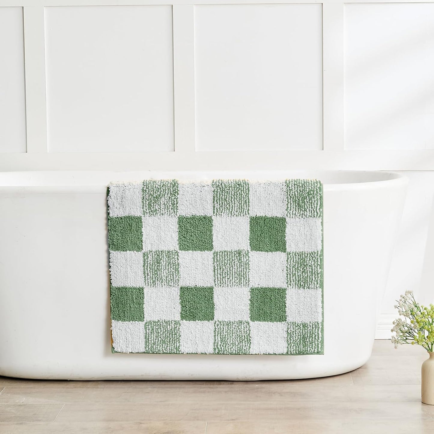 CozeCube Bath mats for Bathroom Non Slip, Fluffy Absorbent Microfiber Bath mat Washable, Aesthetic Bathroom Rugs, Large Sage Green Checkered Bath mat, Sage Green, 36" x 24"