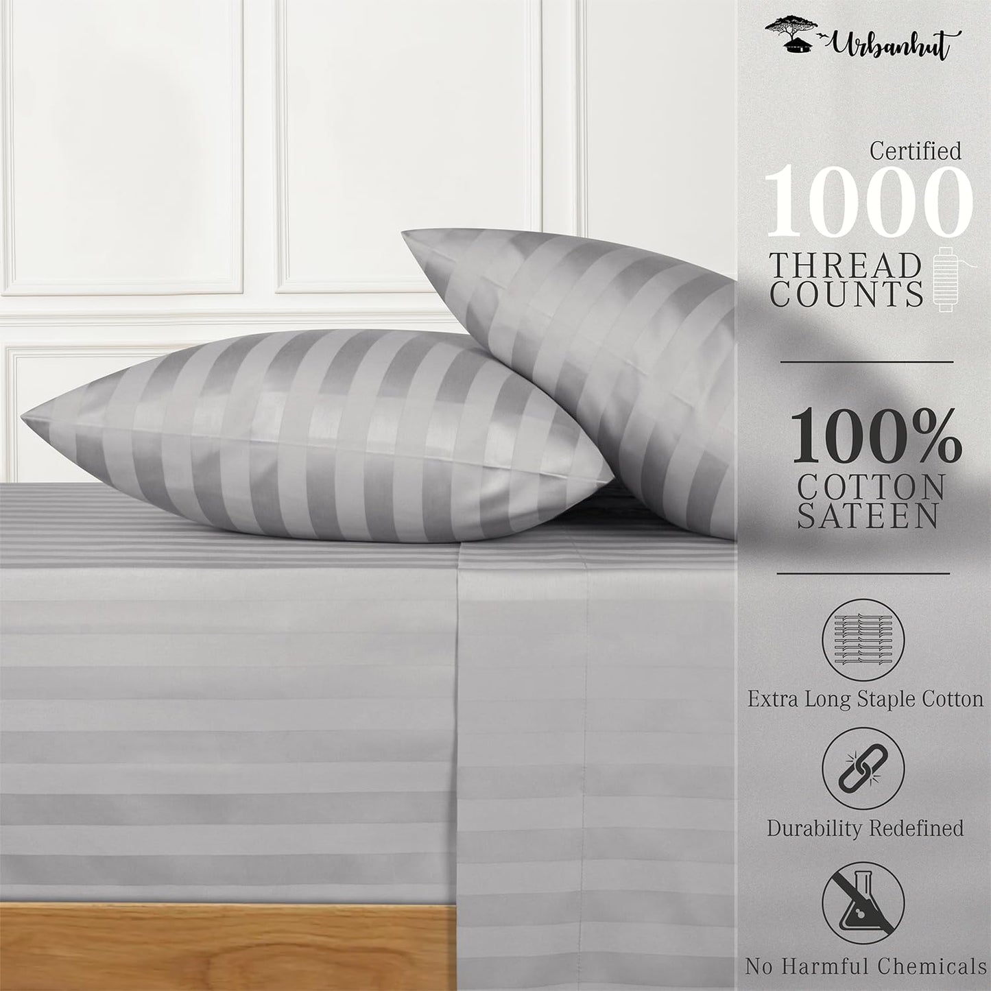 URBANHUT 1000 Thread Count Egyptian Cotton Sheets Striped King Size, Breathable Long Staple, 4 Pc Bed Sheet Sets, Luxury Hotel Sateen Sheets Fits 16" Deep Pocket - Silver Grey