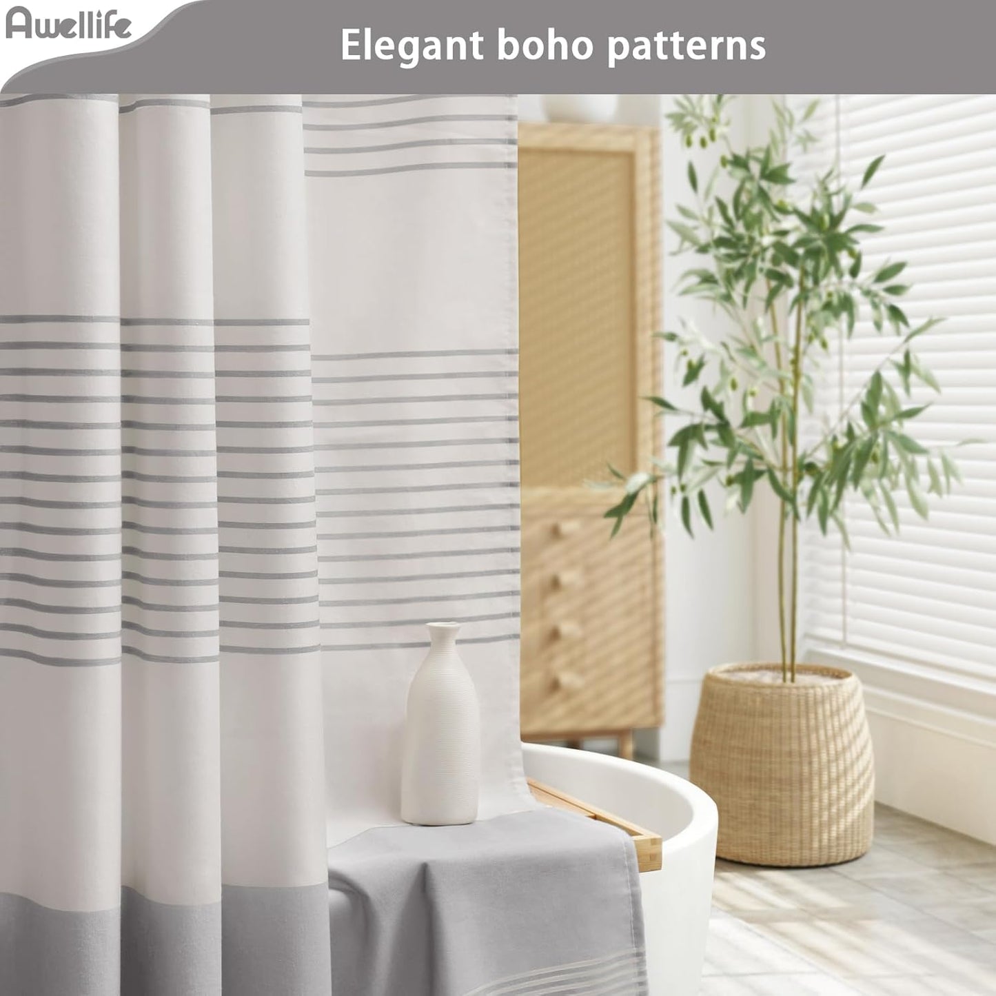 Awellife Farmhouse Grey Shower Curtain for Bathroom Linen Texture Stripe Tassel Shower Curtain 72 X 84 Inches Neutral
