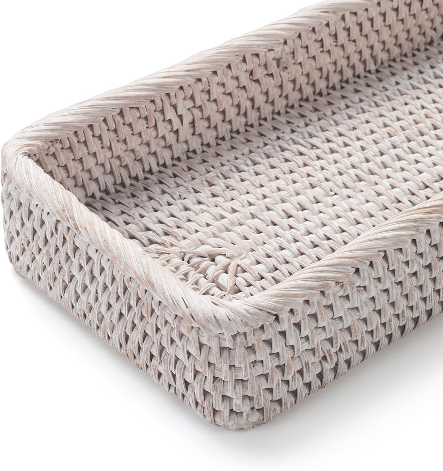 Rattan Bathroom Vanity Trays Toilet Tank Baskets Long Narrow Hand Towel Storage Basket for Storage, Decorative (Whitewash 16.3 x 6.1 x 2 inch)