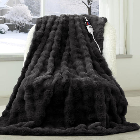 Faux Rabbit Fur Bubble Electric Blanket Dark Grey - Luxury Fluffy Soft Heated Throw Blanket with 6 Heating Levels & 4 Timer Settings, Decor Gifts for Home Bedroom Living Room (50" x 60")