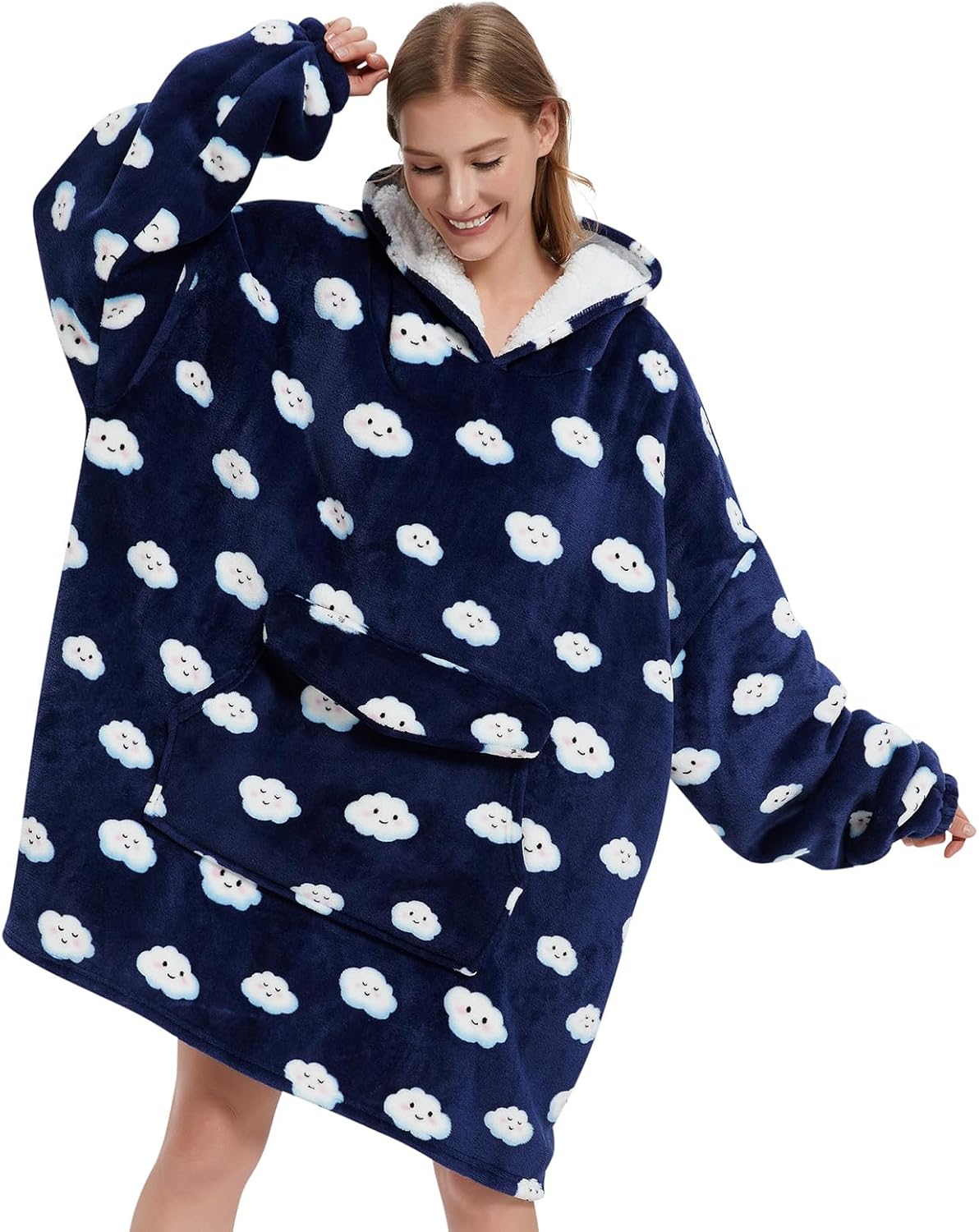 Wearable Blanket Hoodie for Adult,Oversized Sherpa Fleece Blanket Hoodie for Women Men,Navy Blue Cloud