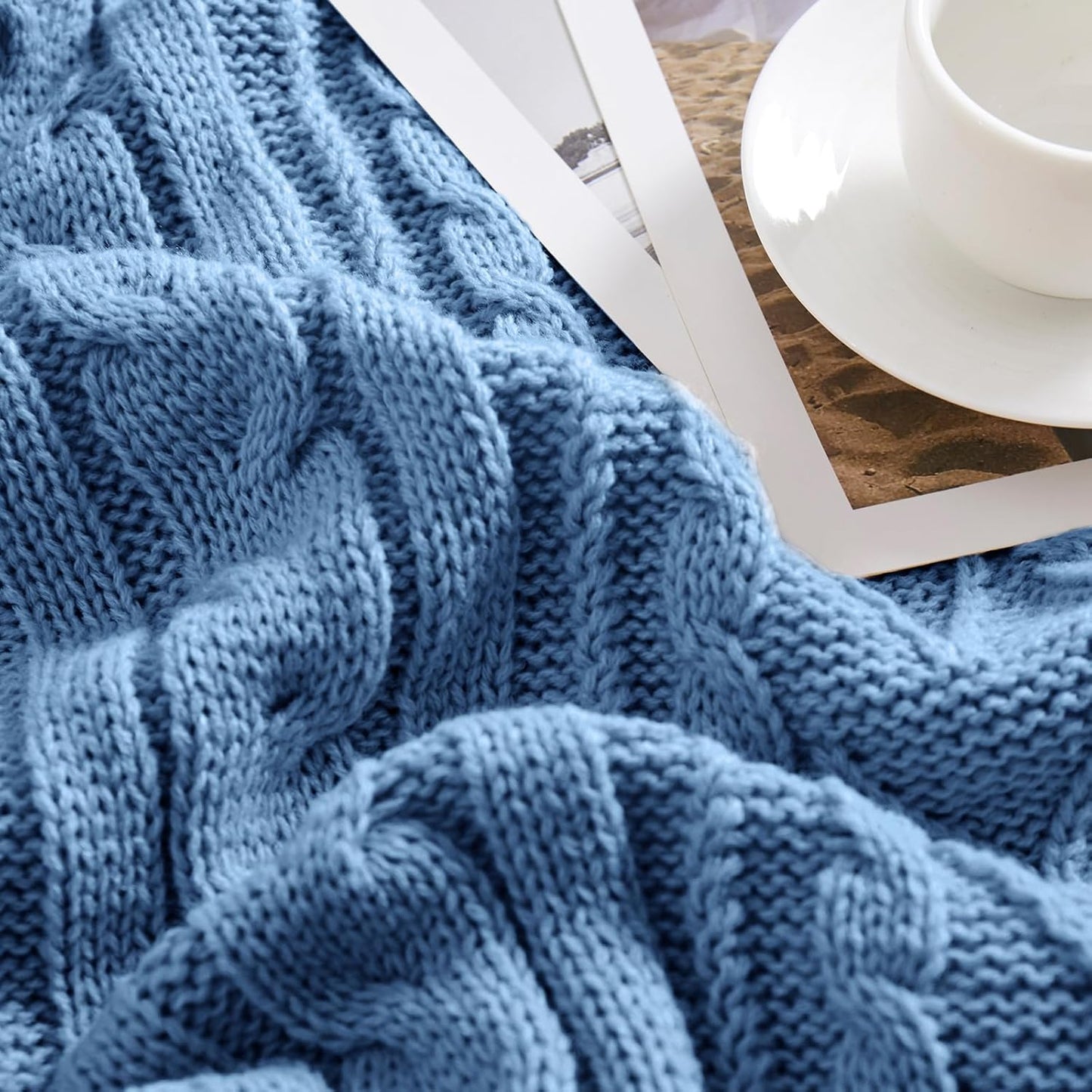 Aormenzy Dusty Blue Cable Knit Throw Blanket Queen Size for Bed Couch Sofa, Super Soft Cozy Knitted Blanket 90" x 90" Bed Blankets Full Size
