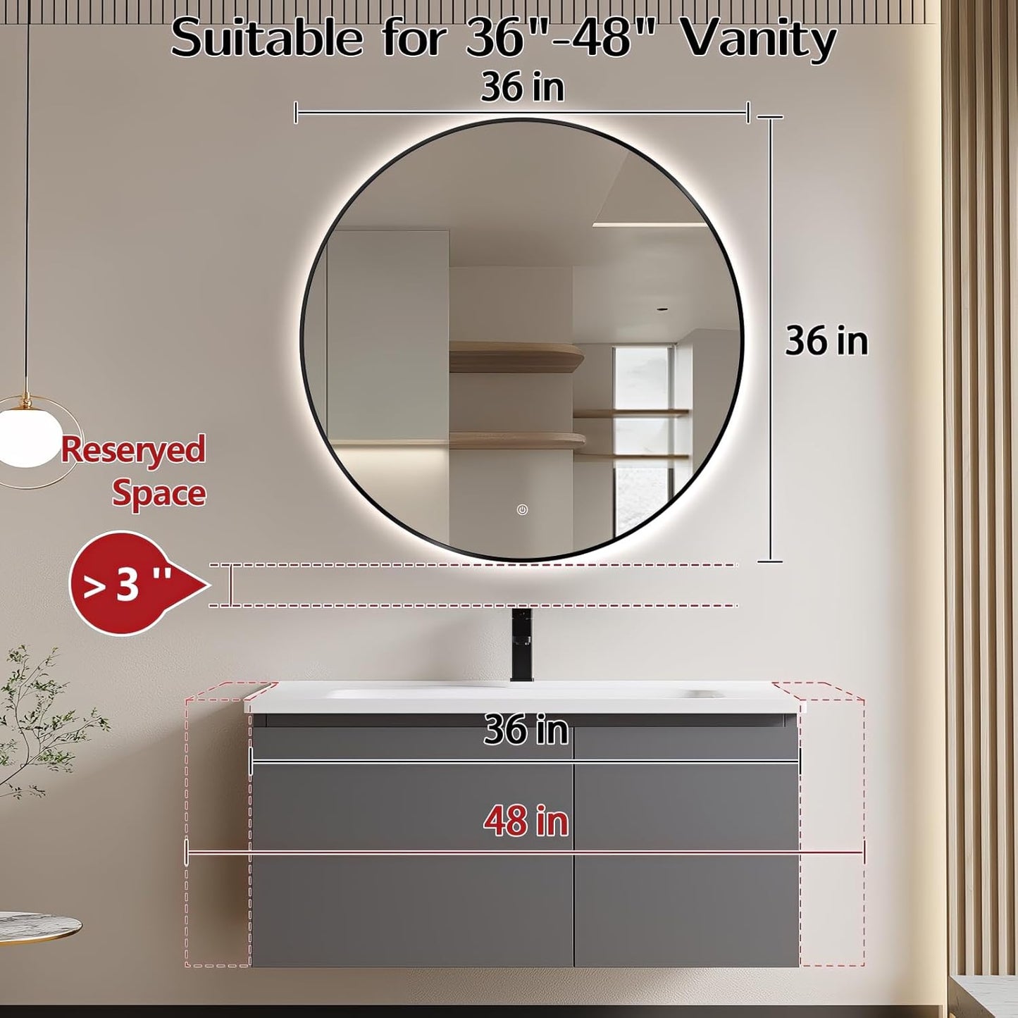 Niccy 36" LED Backlit Round Mirror for Bathroom, Black Framed Vanity Light Wall Mirror LED Smart Circle Mirrors with 3 Lighting Colors, Dimmable Lighted Mirror with Anti-Fog, IP65 Waterproof