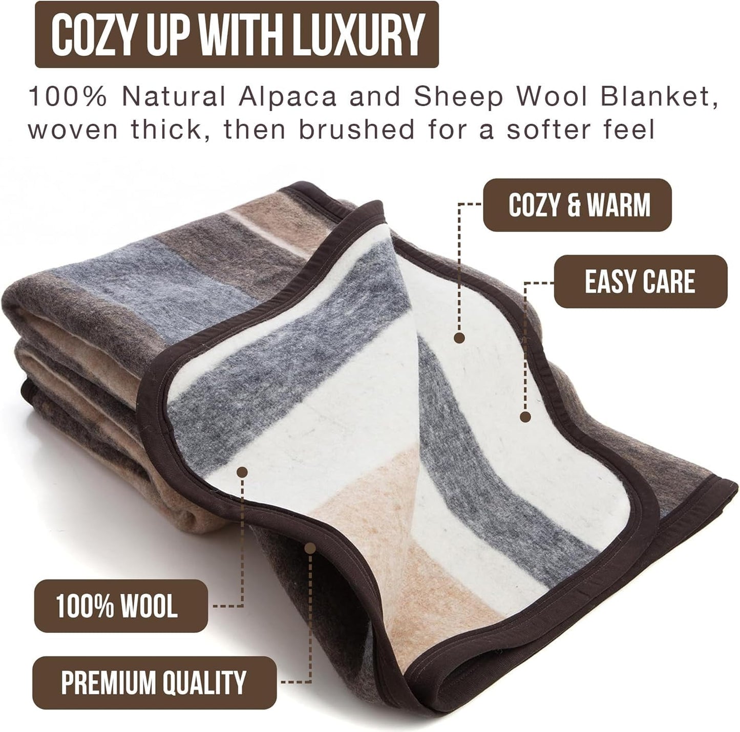 Natural Alpaca & Sheep Wool Blanket – Woven, Made in Peru - Full/Queen Size – Heavyweight Warmth, Thick, Breathable, Natural Texture & Scent, 72 x 88 Inches, 4.2 lbs