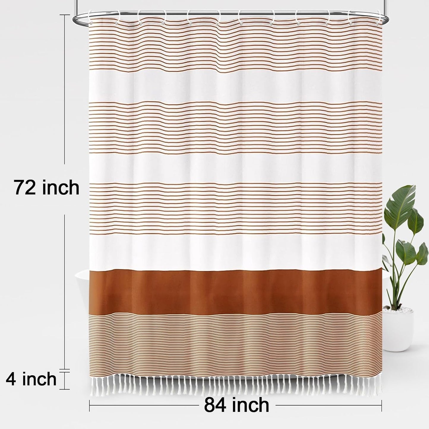 Awellife Boho Orange Shower Curtain for Bathroom Farmhouse Cotton Stripe Tassel Shower Curtain Natural Texture 72" L x 84" W