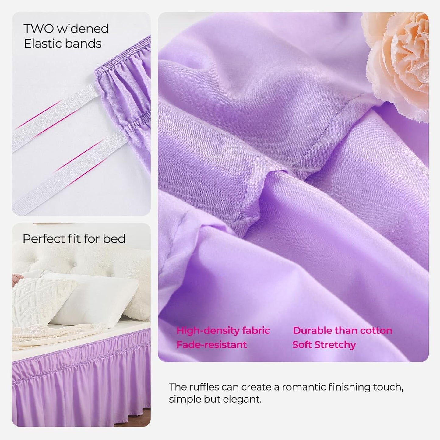 RIMELA Bed Skirting Queen Size Lilac Purple Bed Skirt 18 Inch Drop, Wrap Around Elastic Adjustable Bedskirt, Dust Ruffle for Bed Frame & Box Spring Soft Durable Fabric Machine Washable Easy to Install