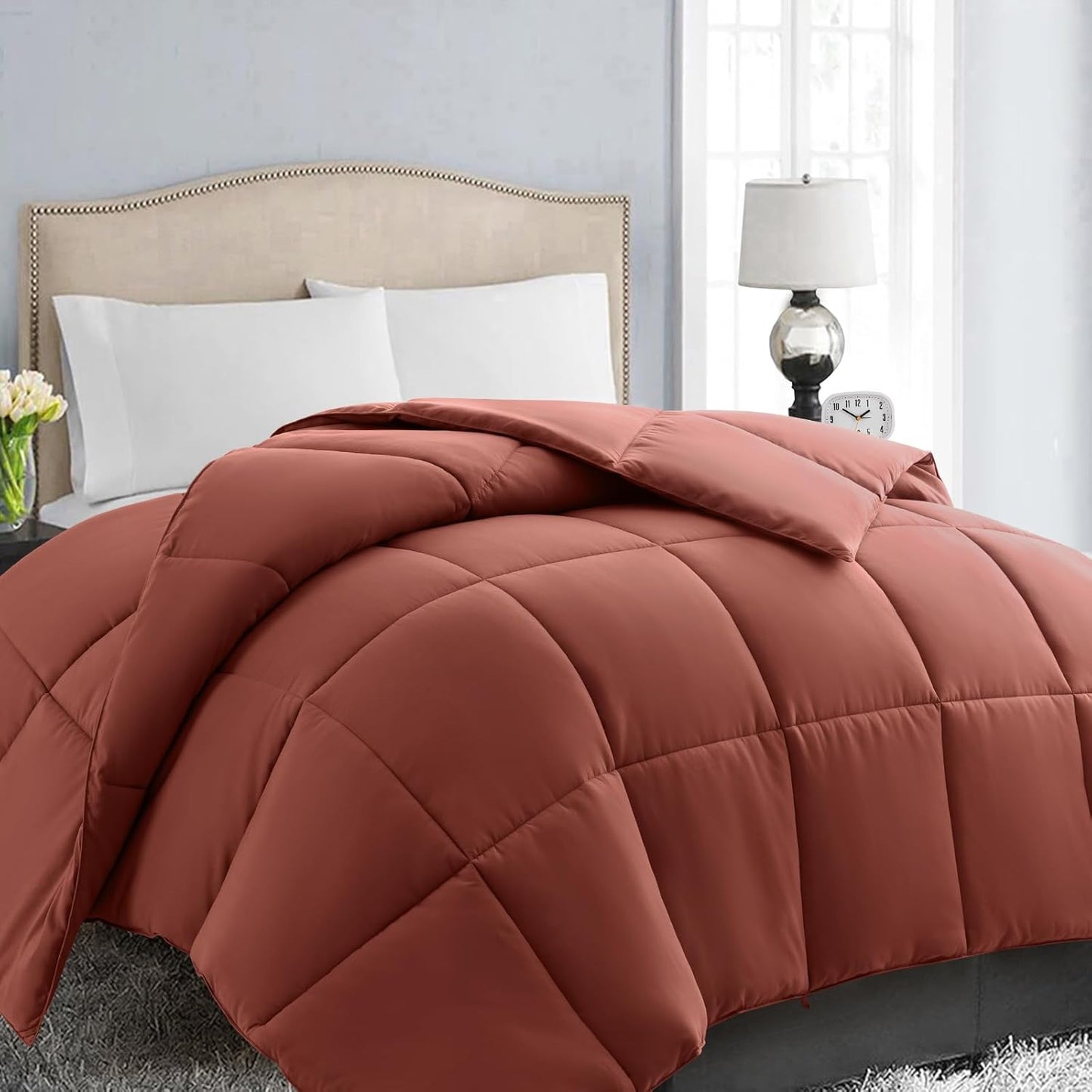 EASELAND Twin Size Down Alternative Comforter - Quilted Duvet Insert for All Seasons, Soft Lightweight with Corner Tabs, Summer Winter Warm Bedding, Terracotta 64×88 Inches