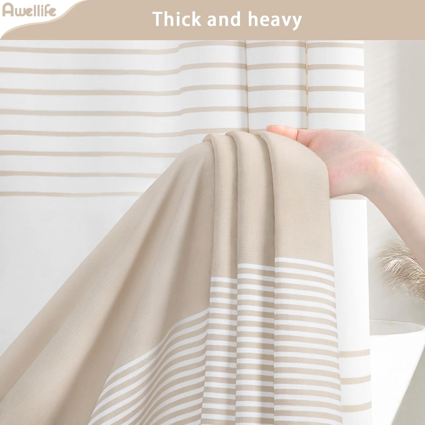 Awellife Boho Beige Shower Curtain for Bathroom Extra Long Cotton Stripe Tassel Shower Curtain 72 X 96 Inches Natural Texture