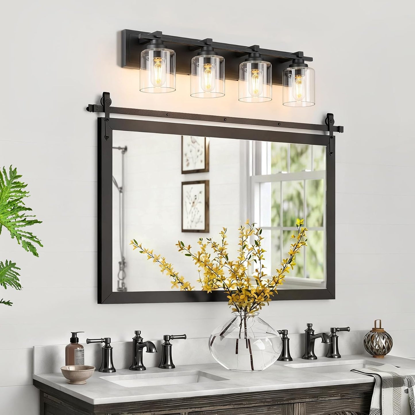 4 Light Modern Bathroom Light Fixtures Over Mirror, Black Vanity Lights for Bathroom Wall Sconces with Clear Glass Shades, E26 Socket (Bulbs Not Included)