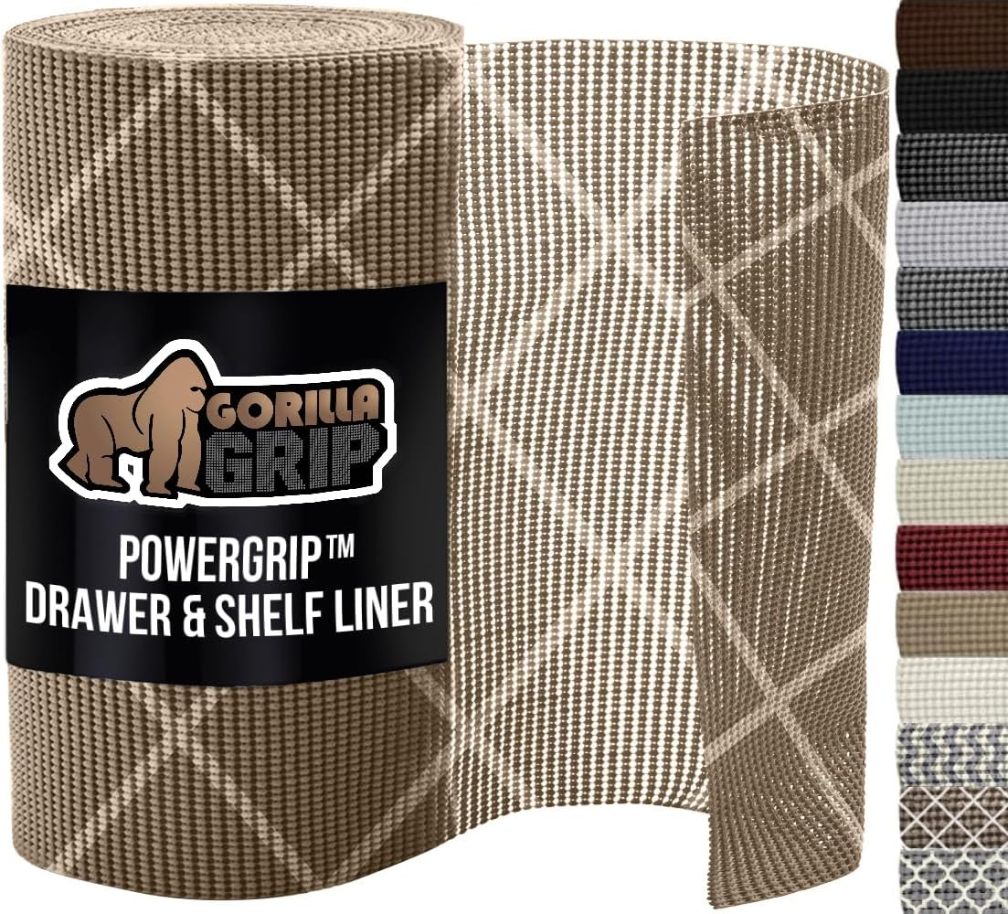 GORILLA GRIP powerGRIP Drawer Shelf and Cabinet Liner, Thick Strong Hold, Non-Adhesive Liners Protect Kitchen Cabinets and Cupboard, Bathroom Drawers, Easy Install, Breathable Mat, 12" x30', Beige