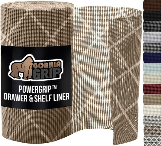 GORILLA GRIP powerGRIP Drawer Shelf and Cabinet Liner, Thick Strong Hold, Non-Adhesive Liners Protect Kitchen Cabinets and Cupboard, Bathroom Drawers, Easy Install, Breathable Mat, 20" x30', Beige