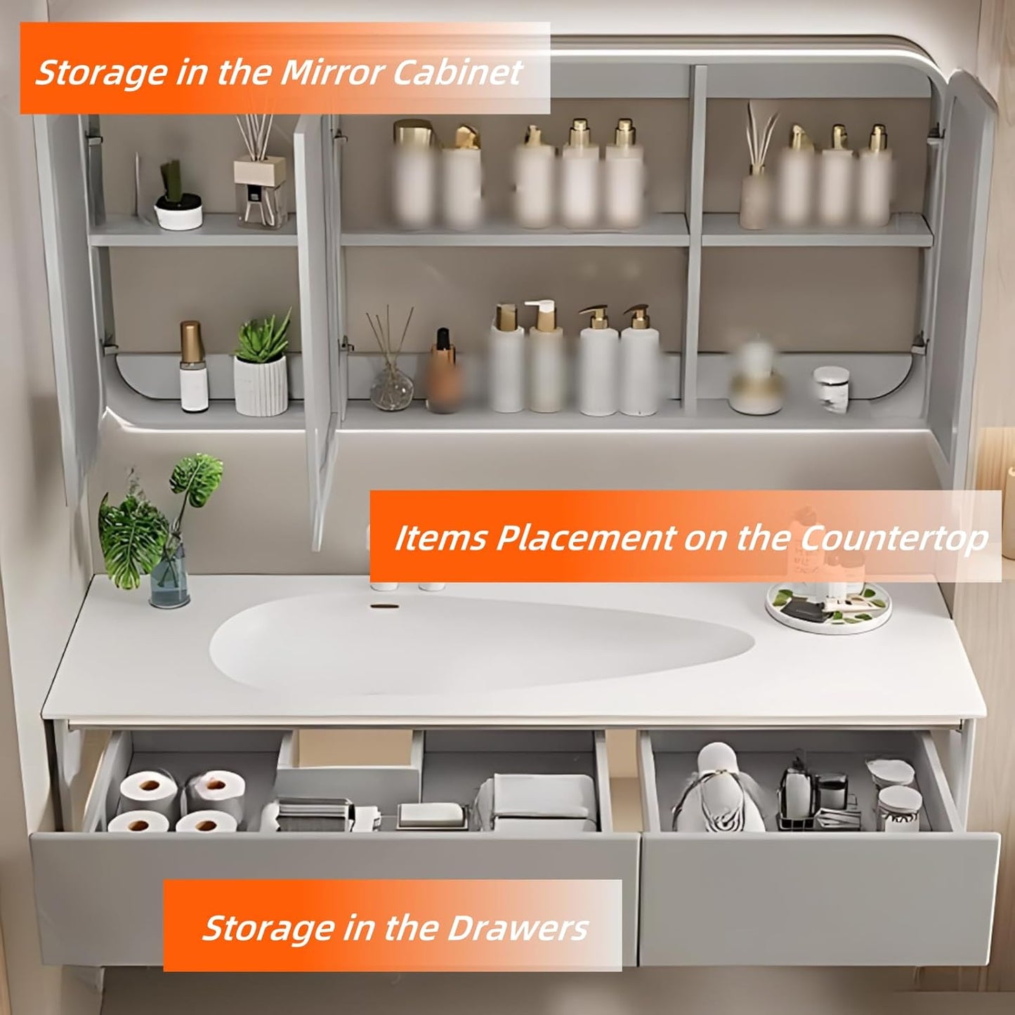 72IN Grey Bathroom Vanity Set - Floating Bathroom Vanity with Single Sink | Including LED Smart Defogging Mirror Cabinet & Time Display Function, Equipped with Motion Sensing Light Strip (Style B)