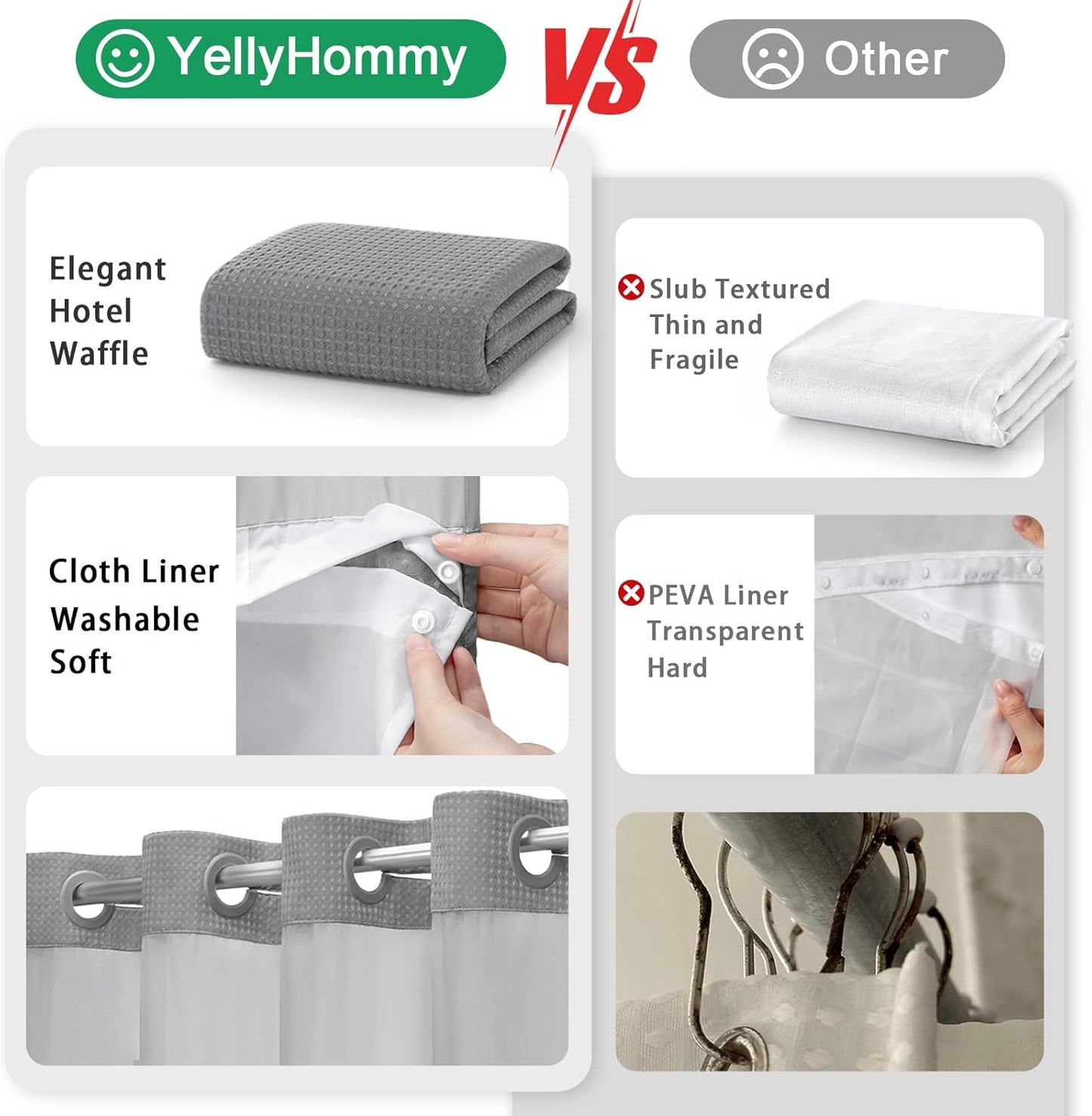 YellyHommy No Hook Shower Curtain with Snap in Liner Set Less Time Grey Waffle Shower Curtain for Bathroom 87" L x 72" W Gray