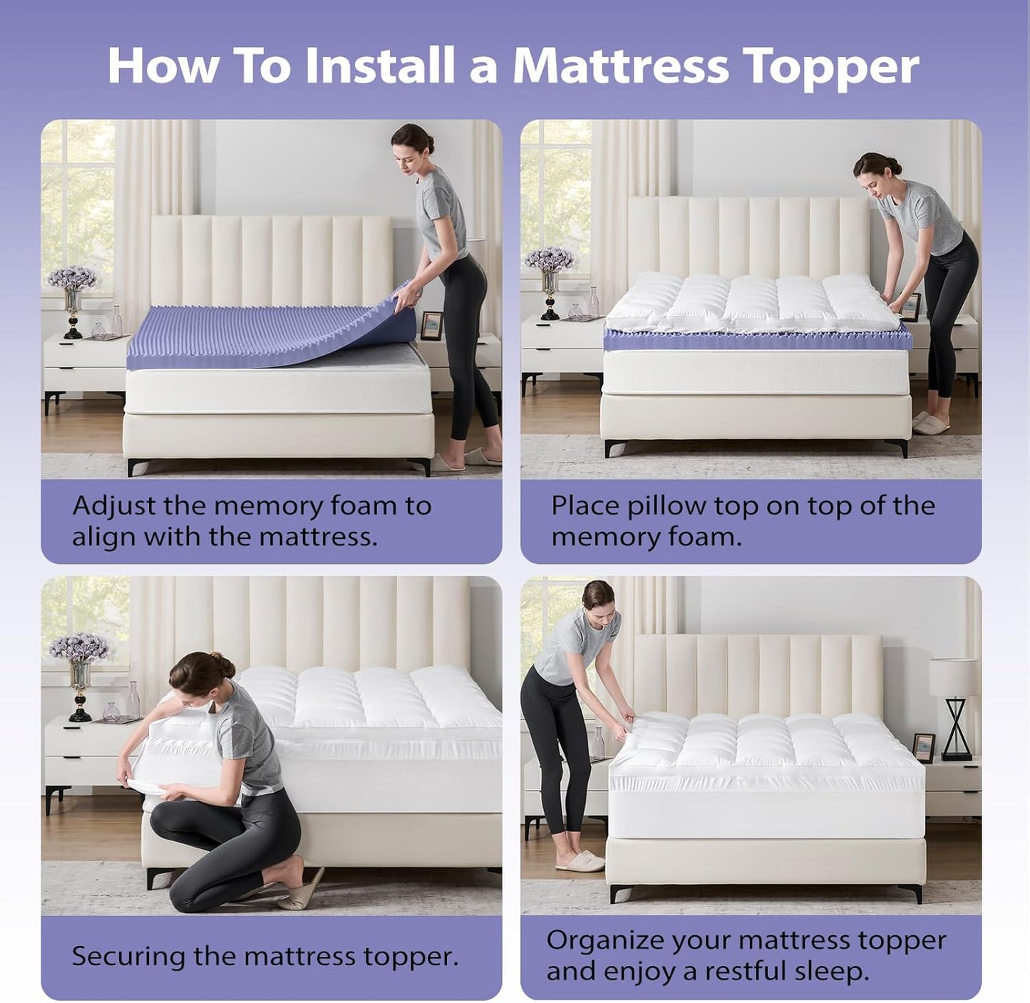 downluxe 4 Inch Full Size Memory Foam Mattress Topper Pro Dual Layer 2 Inch Cooling Gel Egg Crate Memory Foam Plus 2 Inch Pillow Top Medium Firm with Deep Pocket