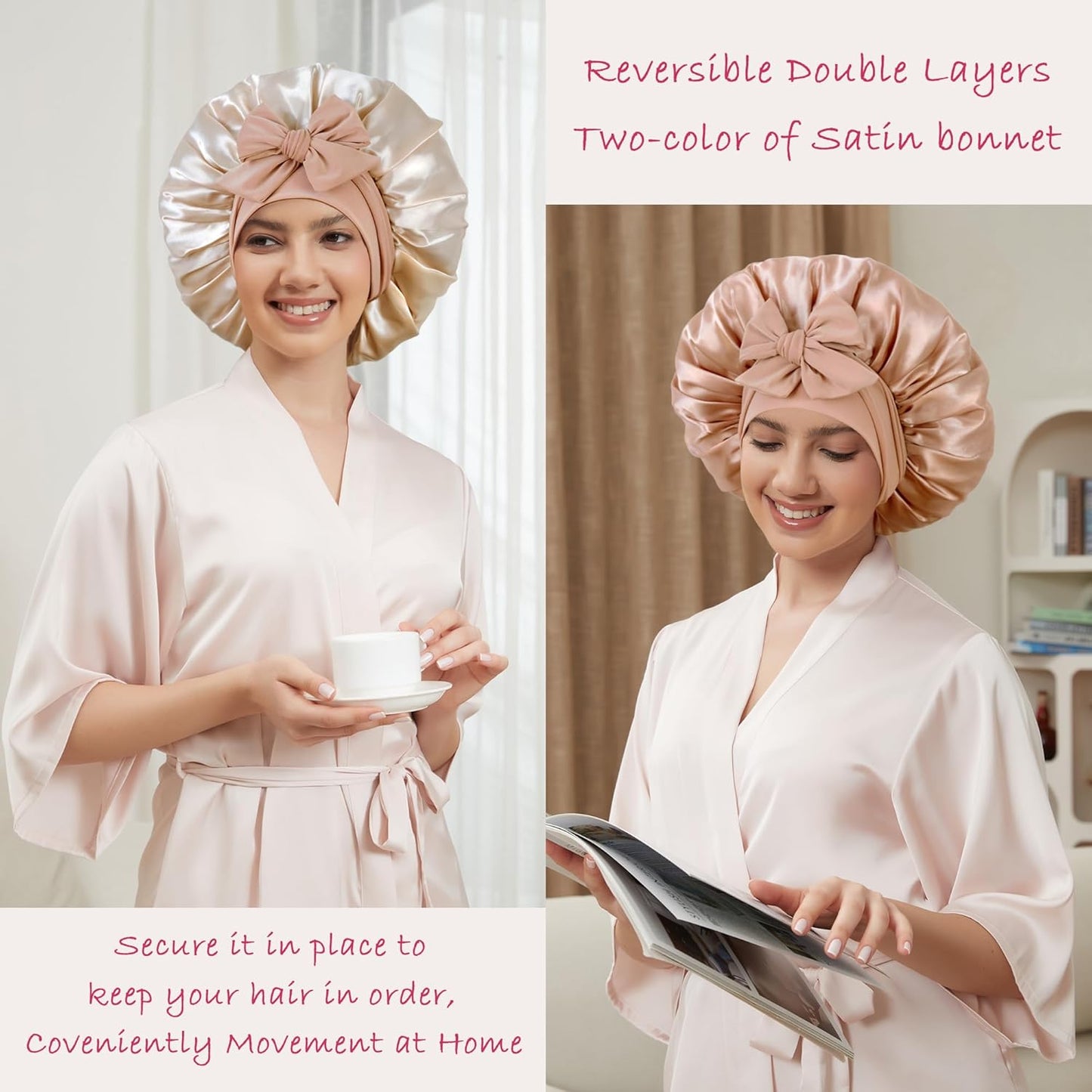 Satin Bonnet with Tie Band,Silk Hair Bonnet for Sleeping Women,Bonnets for Women,Double Layer Sleep Cap for Braids Curly Hair