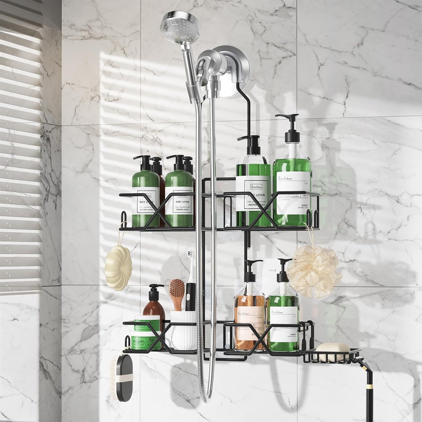 Stainless Steel Hanging Shower Caddy for Handheld Shower Heads,Adjustable Height Extra Long Bathroom Shower Organizer Hanger Rack with Hooks,Soap Holder