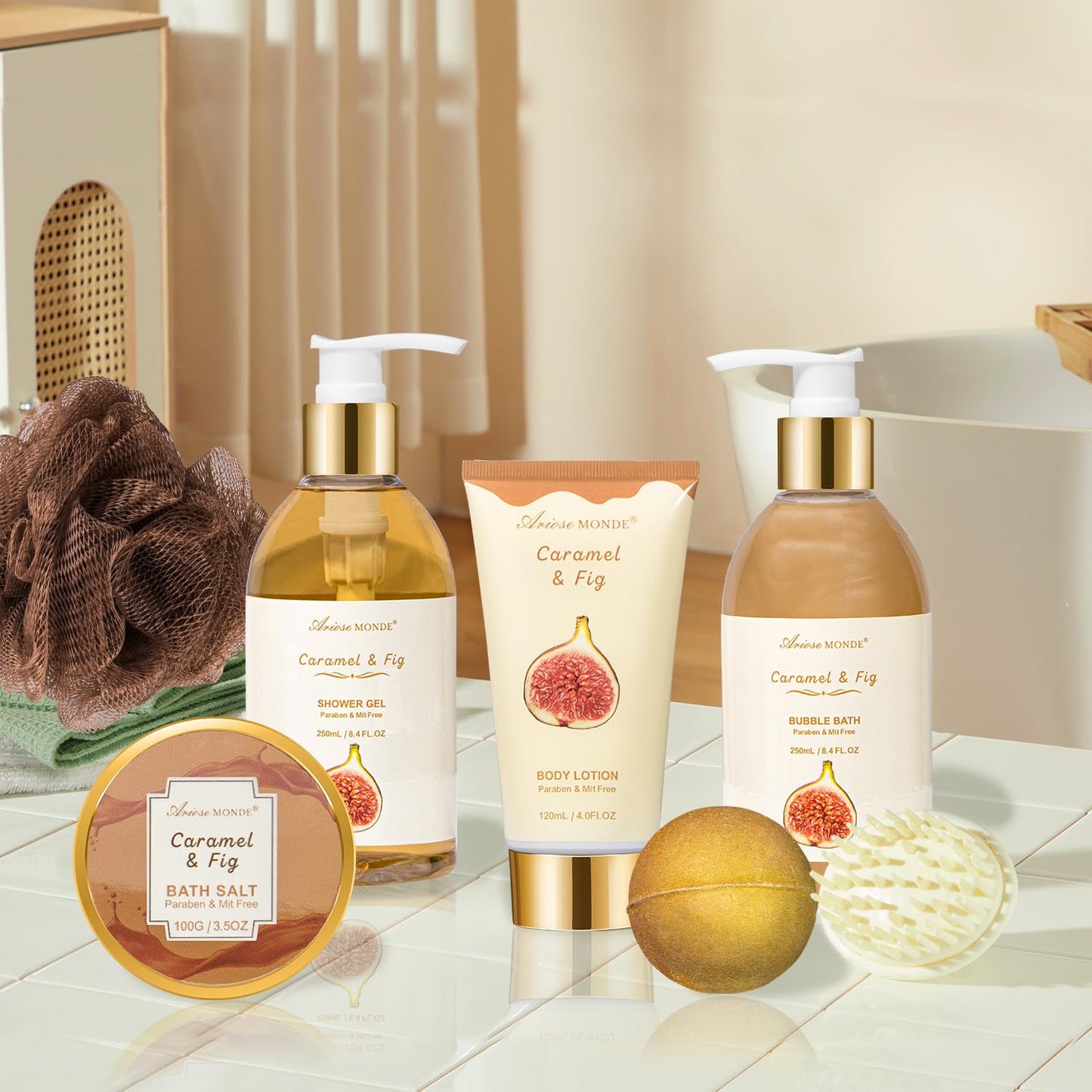 Christmas Gifts for Women Spa Baskets for Women Gift, Warm Caramel & Fig Bath Gift Set with Shower Gel Self Care Pampering Gifts for Mothers Day, Birthday, Anniversary Gift