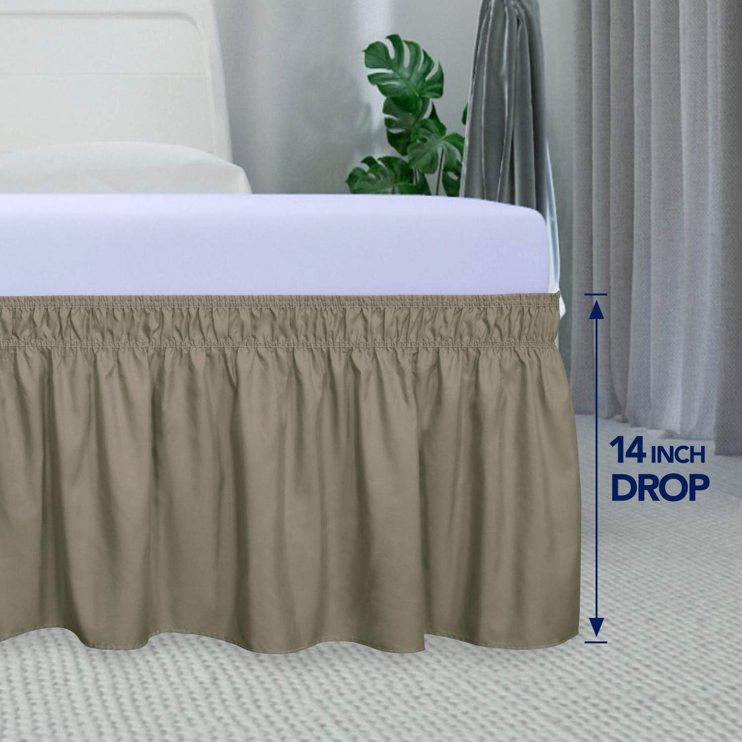 PureFit Wrap Around Ruffled Bed Skirt with Adjustable Elastic Belt - 14 Inch Drop Easy to Put On, Wrinkle Free Bedskirt Dust Ruffles, Bed Frame Cover for Queen, King and C-King Size Beds, Sand