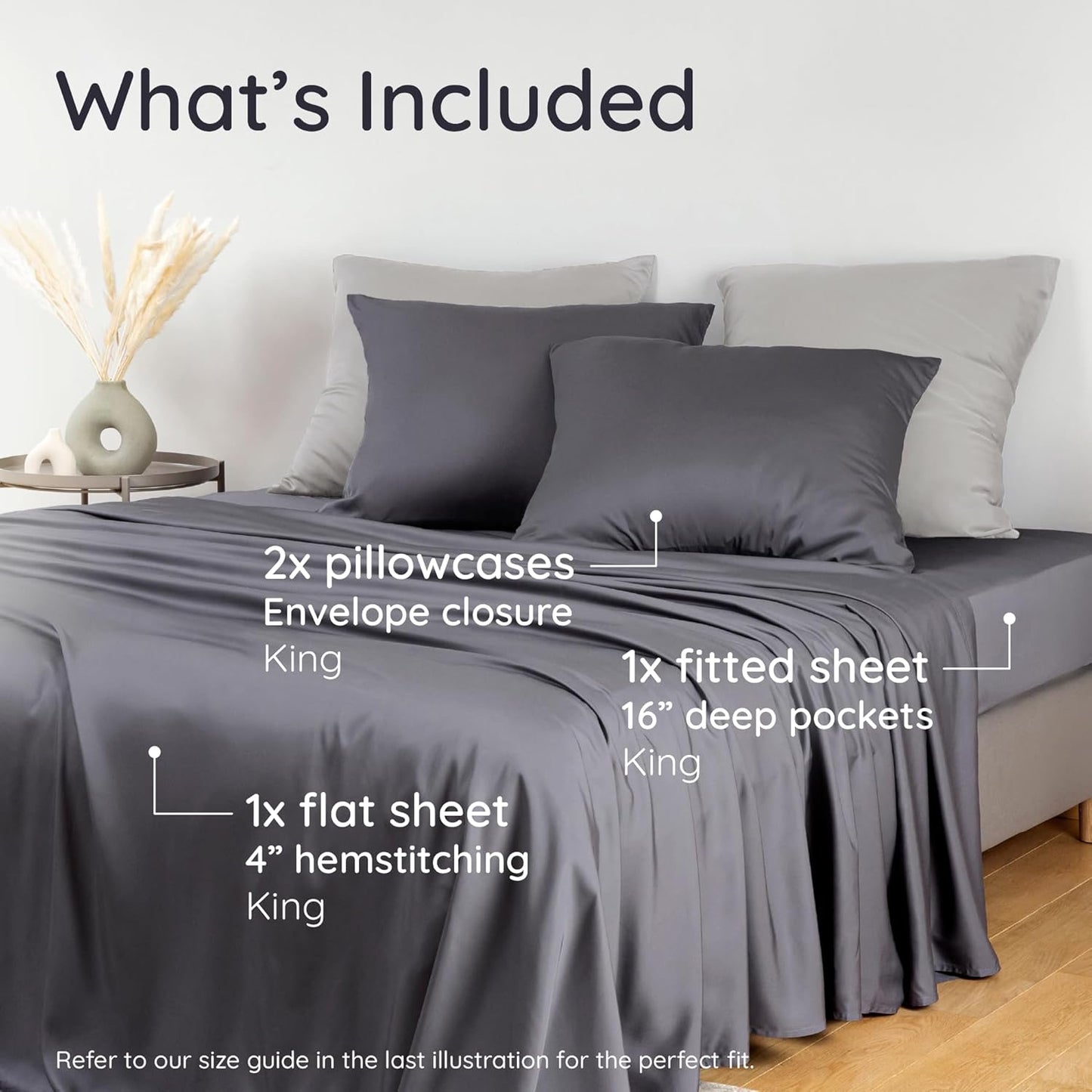 Bambaw 100% Viscose Derived from Bamboo Sheets King Size Set – 4pcs Cooling Deep Pocket King Sheet Set, Fits Up to 16'' with Elastic Corner Straps, Super Soft Sheets, Luxury Bedding (Charcoal)