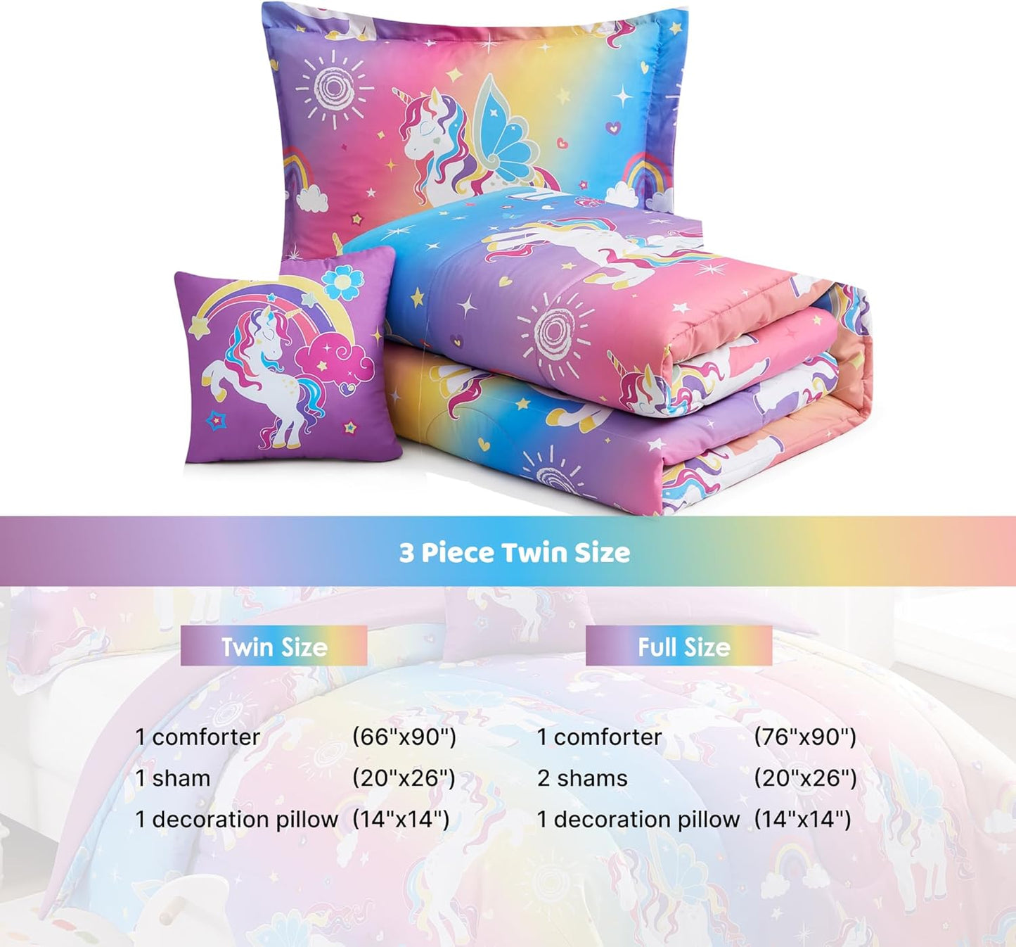 Twin Comforter Set for Girls-3 Pieces Rainbow Unicorn Twin Bedding Sets for Kids,1 Comforter,1 Sham and 1 Decor Pillow