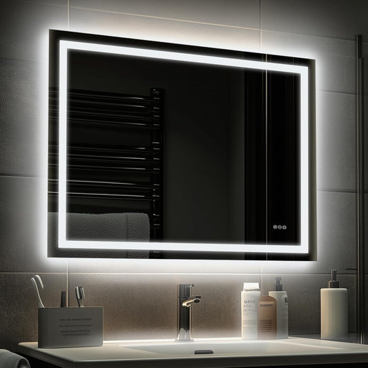 32x40'' LED Bathroom Mirror with Light, Frameless, Dimmable Front & Backlit, Anti-Fog, Distortion Free, Light Memory, Tempered and Shatter-Proof Wall Mounted Vanity Silver Coating Mirror
