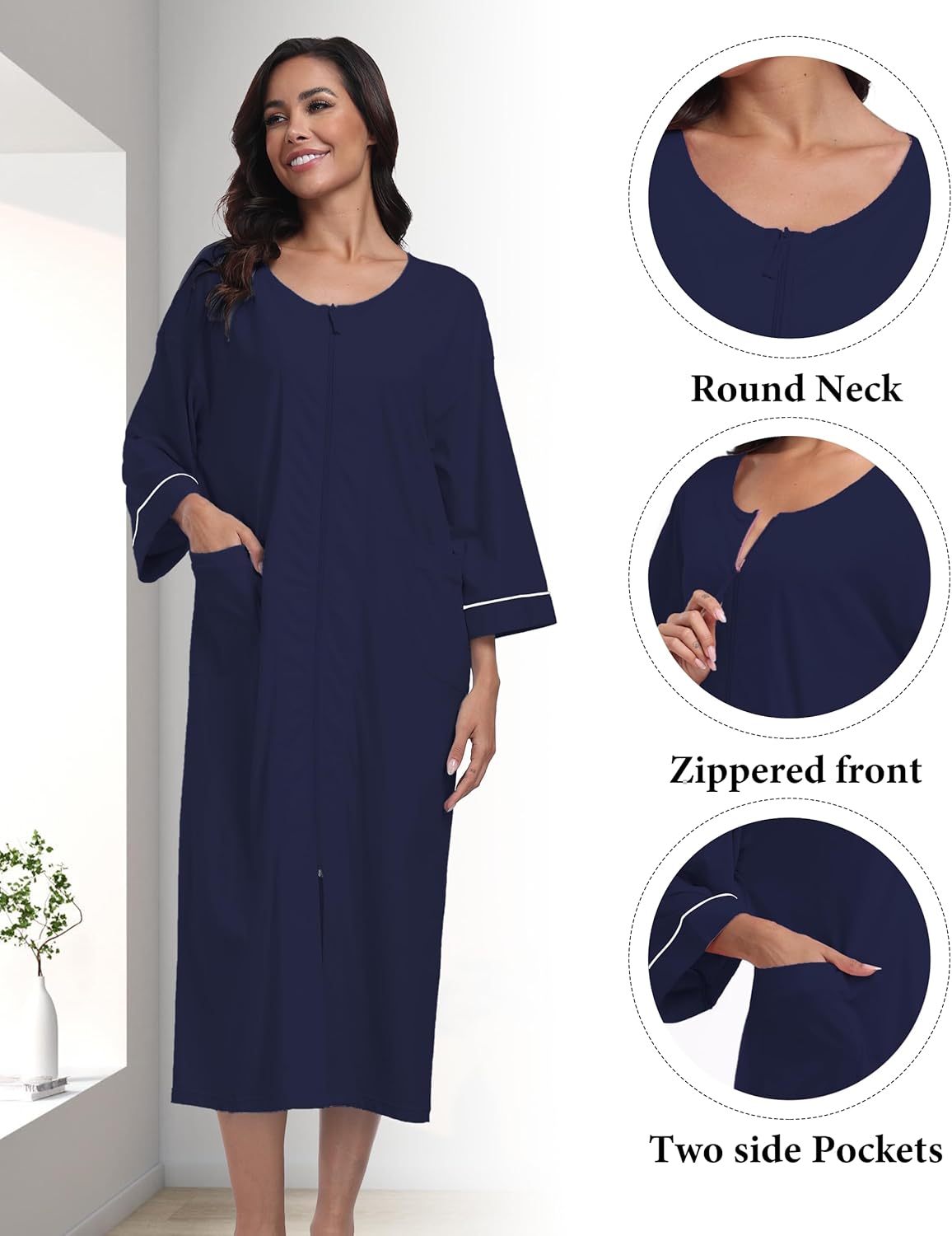 ANLIQI Women's 100% Cotton Robes Long Zipper Front House coats 3/4 Sleeve Bathrobes Lightweight Full Length Robe with Pockets