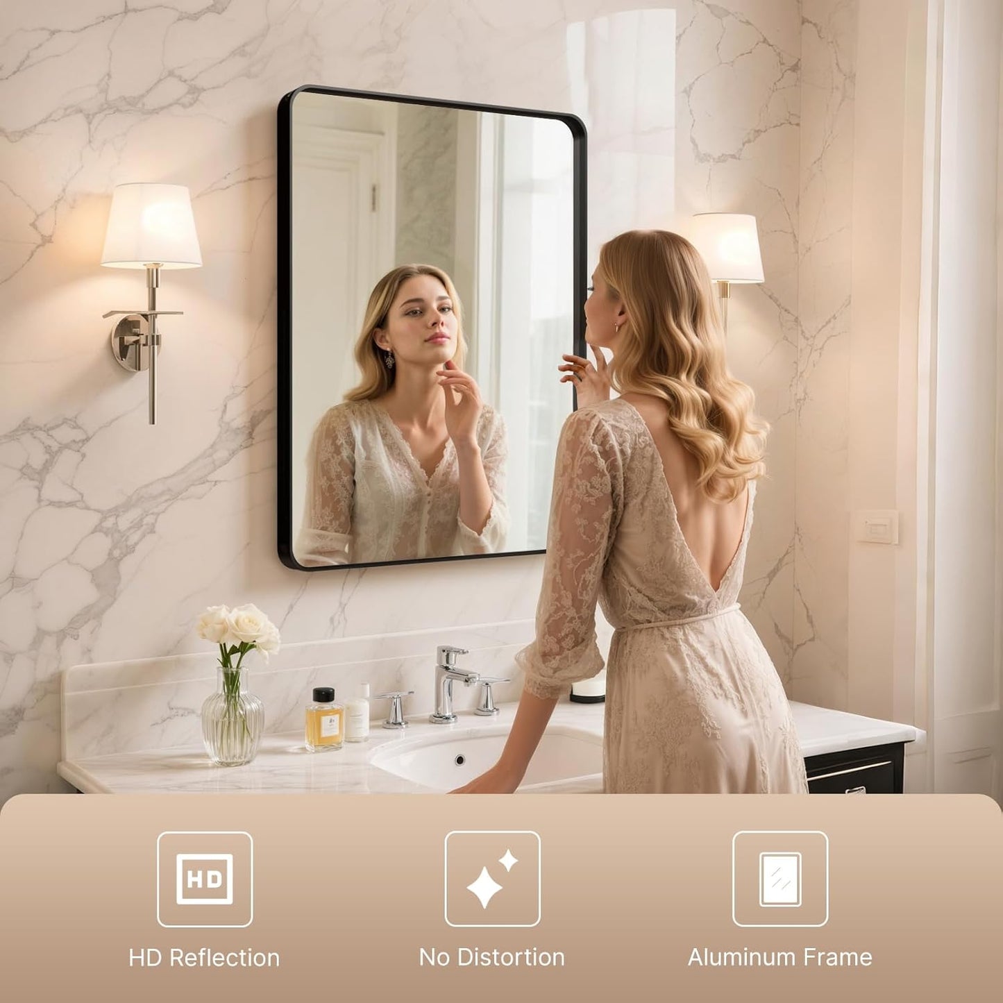 Kosmonia 32x24 Bathroom Vanity Mirror for Wall, Aluminum Framed, Farmhouse Rectangle, Anti-Rust, HD Reflection Anti-Desilvering, Distortion Free, Tempered and Shatter-Proof Wall Mounted Mirror, Black