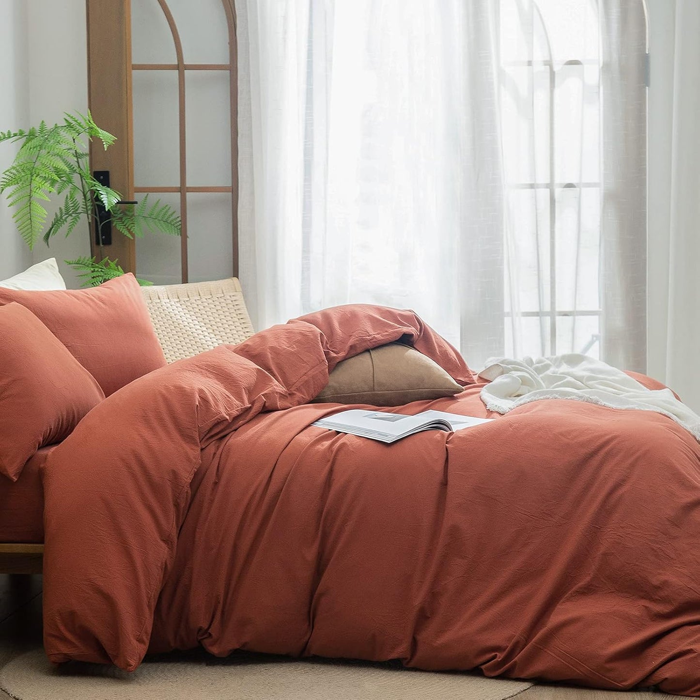 BESTOUCH Duvet Cover Set 100% Washed Cotton Linen Feel Super Soft Comfortable Chic Lightweight 2 PCs Home Bedding Set Solid Crimson Red Twin/Twin XL